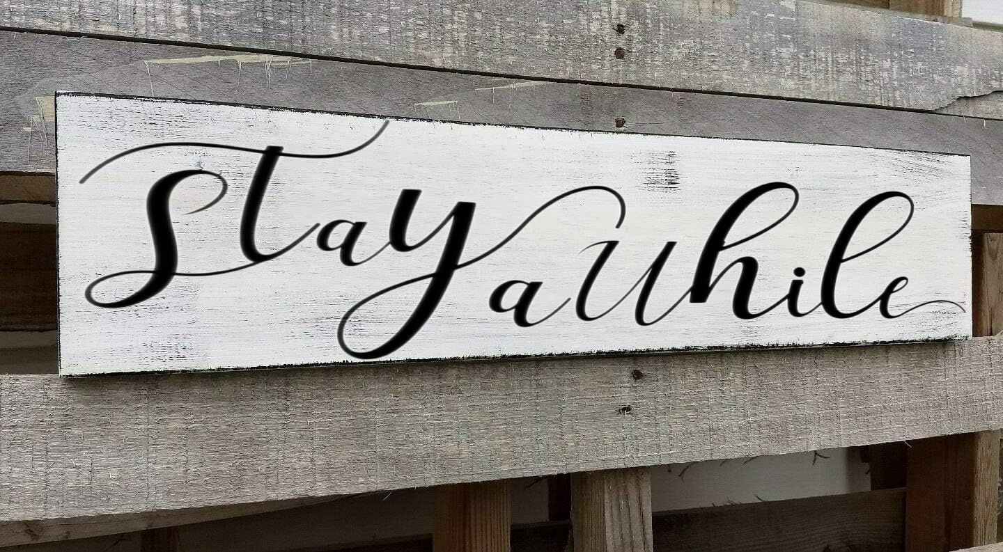 Farmhouse Stay Awhile Wood Sign, Entryway Sign Farmhous Wall Decor, Rustic Wall Art for Housewarming Gift (Stay Awhile) 6x16 Inch