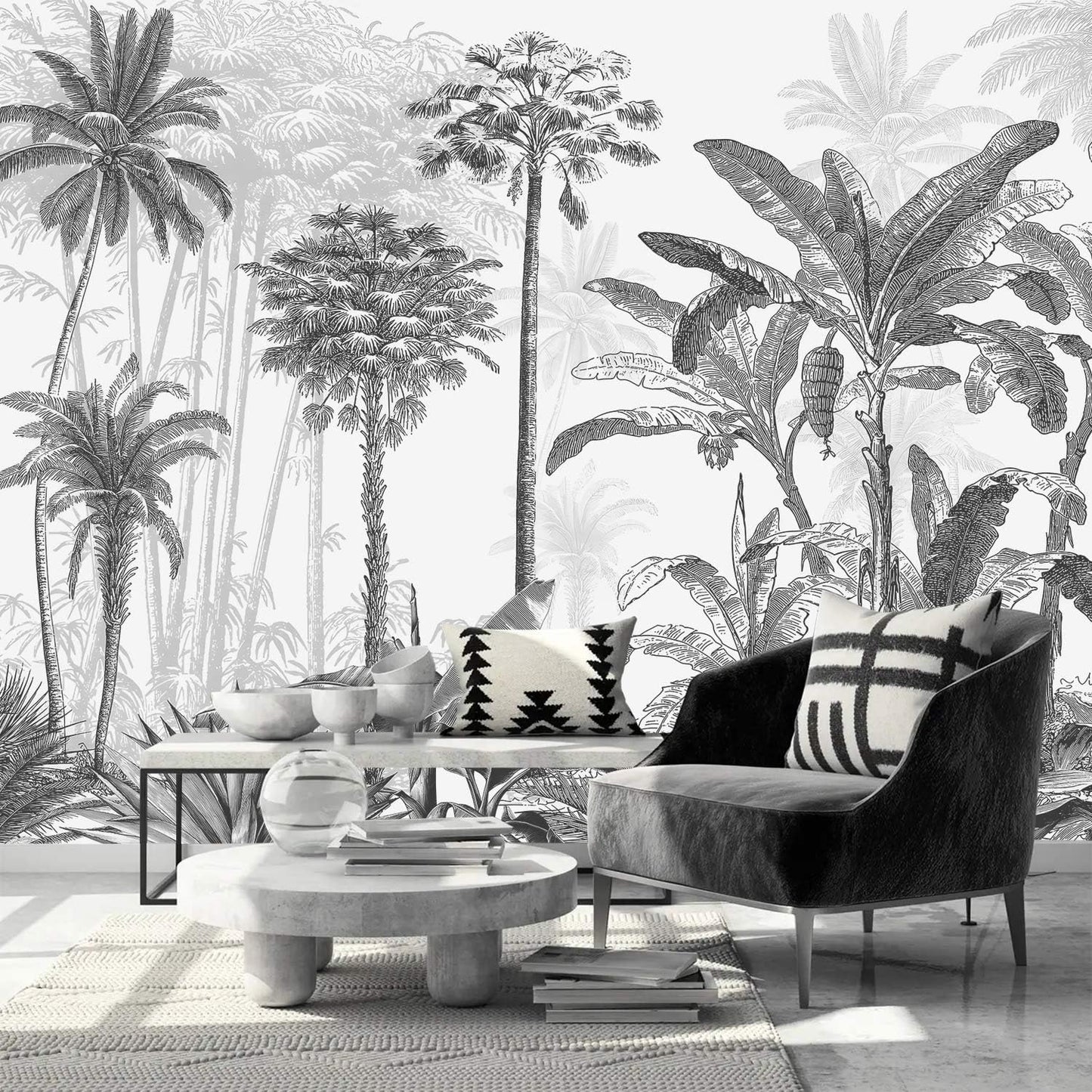 AFZEVEB-Black and White Jungle Wallpaper Hand-Painted Tree Wall murals for Bedroom 159"x107" (Not Peel and Stick)