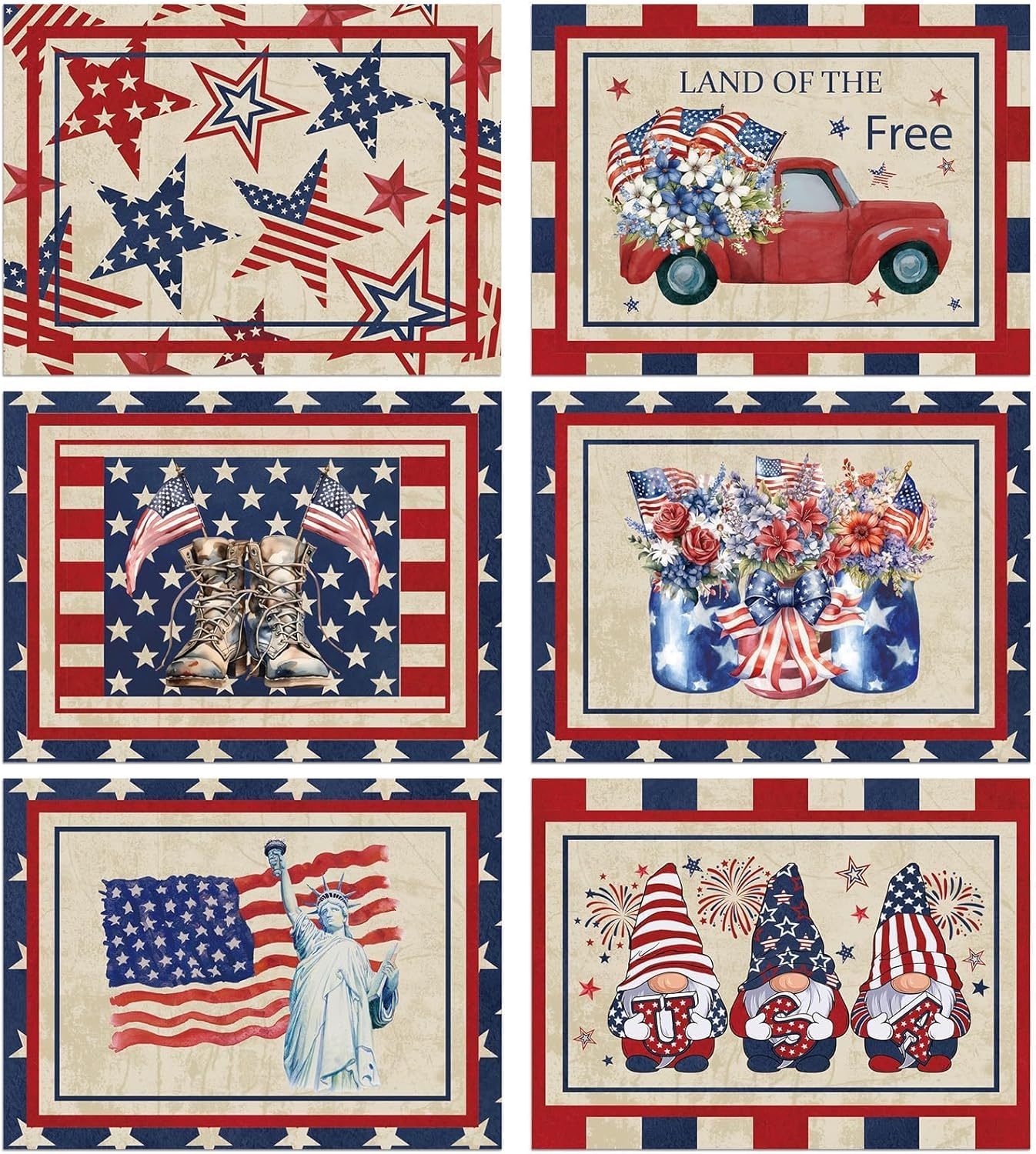 4th of July Placemats Set of 6 Patriotic Plastic Table Mats Independence Memorial Day Vintage America Flag Stars Stripe Place Mats Vinyl Table Decoration for Indoor Outdoor Party Kitchen Dining