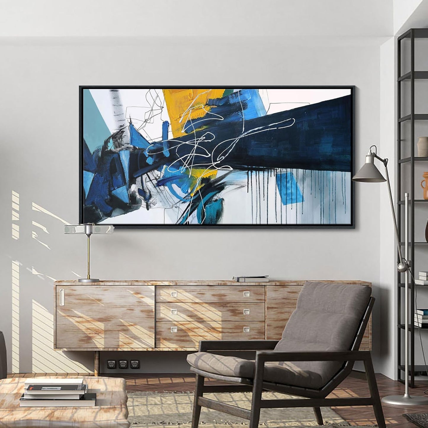 KLAKLA Extra Large Wall Art for Living Room - Blue and white Canvas Framed Wall Decor Living Room Abstract Picture Artwork for Office Bedroom Decorative Paintings