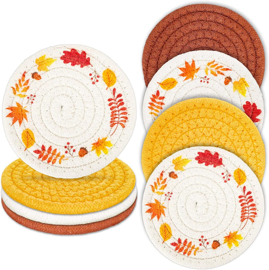 Whaline Fall Coasters Maple Leaves Handmade Braided Cotton Drink Coasters Orange Yellow Non-Slip Absorbent Cup Mats for Autumn Thanksgiving Table Protection Birthday Housewarming Gift Home Decor, 4Pcs