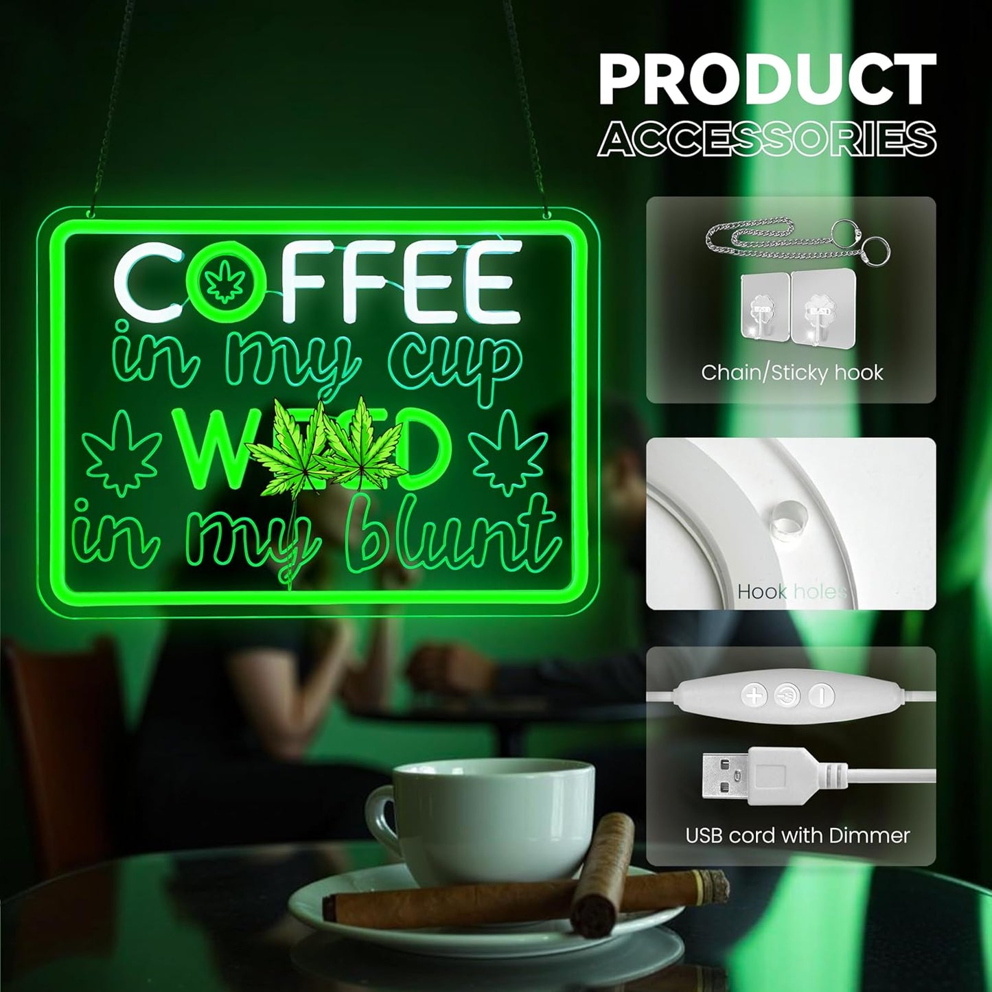 Coffee Neon Sign, Leaf Neon Signs for Wall Decor, Dimmable Acrylic Neon Lights for Coffee Bar Coffee Shop Bar Pub Club Bistro Man Cave Restaurant Game Room Hotel