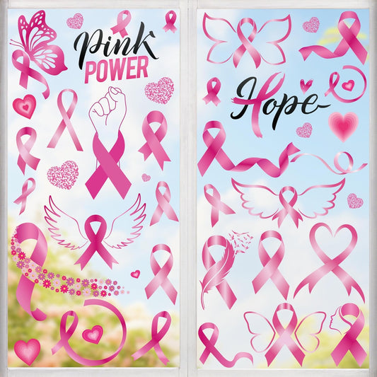 9 Sheets Breast Cancer Awareness Window Clings, 77 Kinds of Pink Window PVC Stickers for Pink Ribbon Decorations, Hope Fight Cancer Theme Windows Decals for Glass Home Decor Supplies