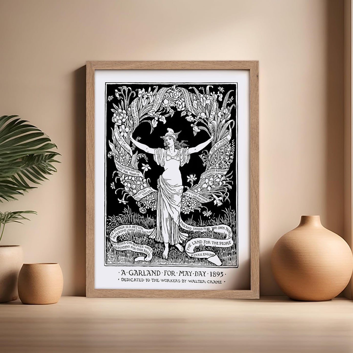 Poster Master Vintage Walter Crane Poster - Retro A Garland for May Day Print - Socialist Art - Gift for Him, Her, Men, Women - Wall Decor for Home, Office, Living Room, 16x20 Beige Framed