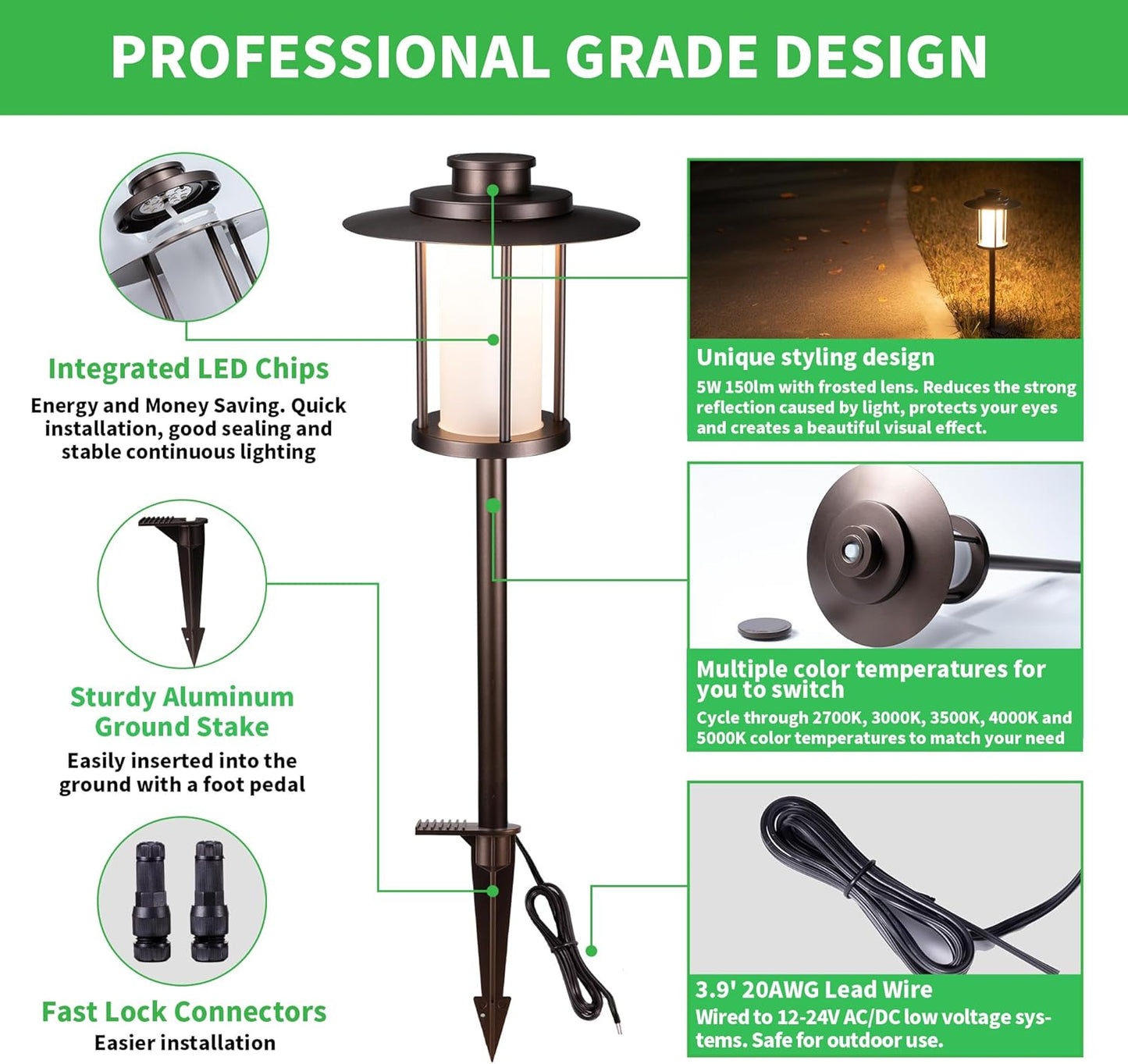 Pathway Landscaping Lighting Low Voltage, 5CCT Adjustable Setting Garden Path Light LED 12V, Outdoor Waterproof Walkway Lights, 5W 150LM ORB All Aluminum for Outside Patio Yard (10 Pack)