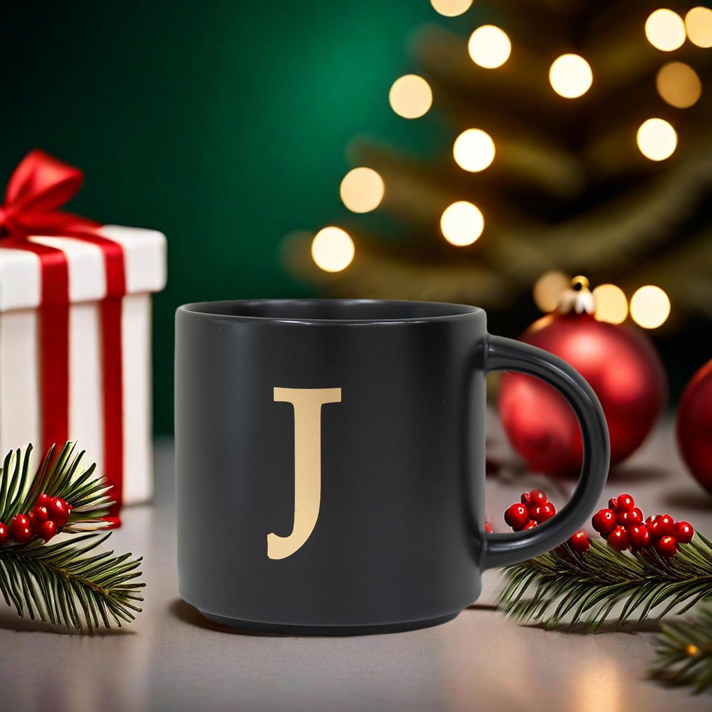 COLLECTIVE HOME - Monogram Ceramic Mugs, 15 oz Golden Initial Black Coffee Cups, Elegant Alphabet Tea Mugs, Elegant Personalized Mug with Gift Box, Unique Mug with Double Side Capital Lette (J)