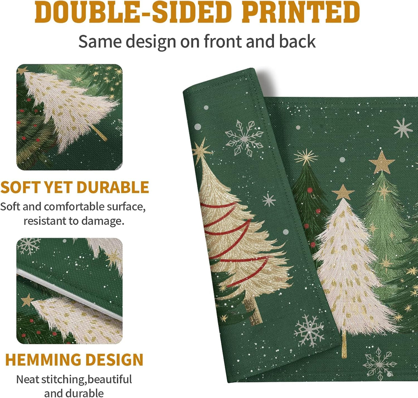Green Christmas Tree Placemats Set of 4, 12x18 Inch Xmas Trees Snowflakes Winter Holiday Place Mats Seasonal Washable Linen Table Mats for Indoor Outdoor Kitchen Dining Party Décor