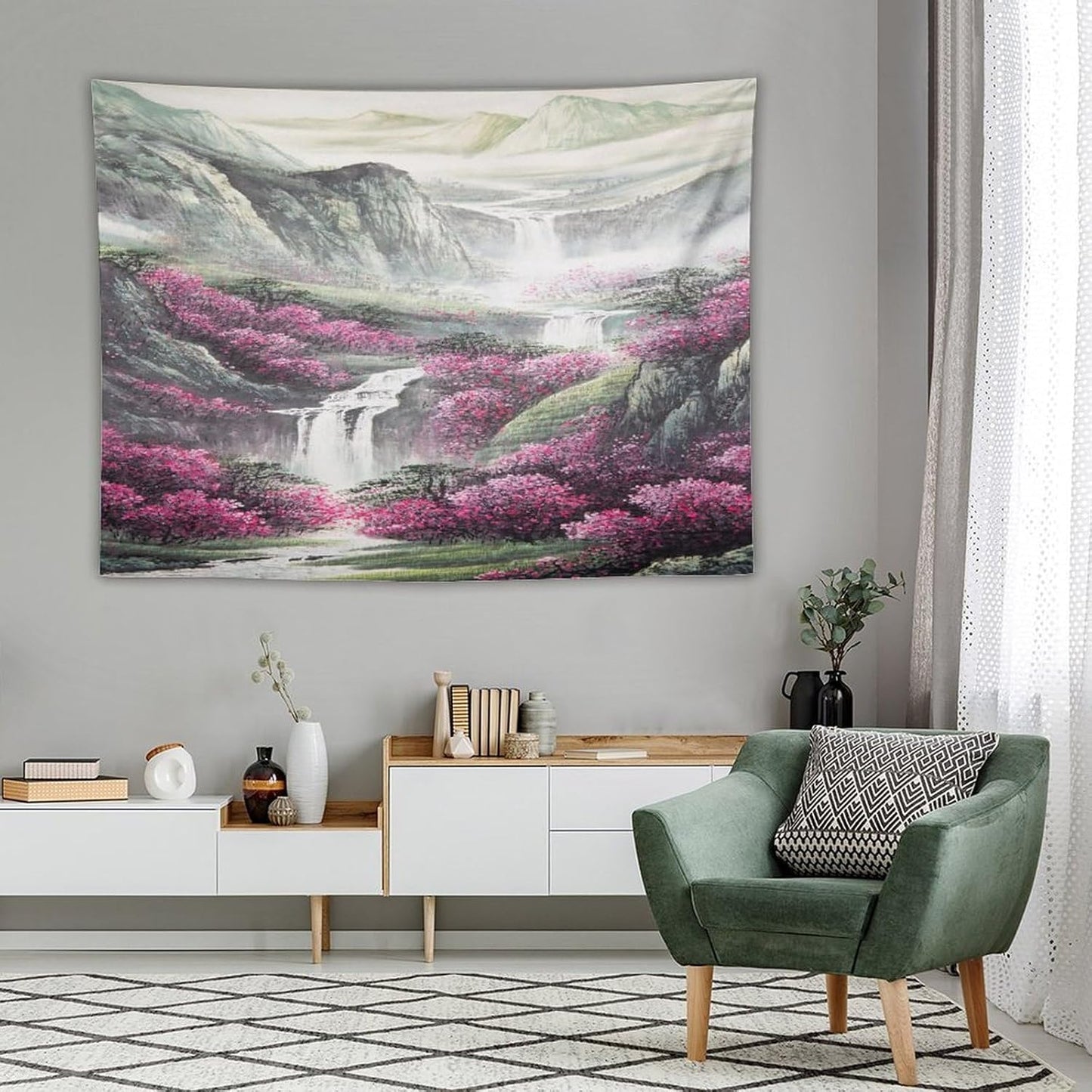 Japanese Tapestry, Red Plum Blossom Mountain Tapestry, Asian Japanese Wall Tapestry, Nature Landscape Tapestries for Bedroom Living Room Decor 80"x60"