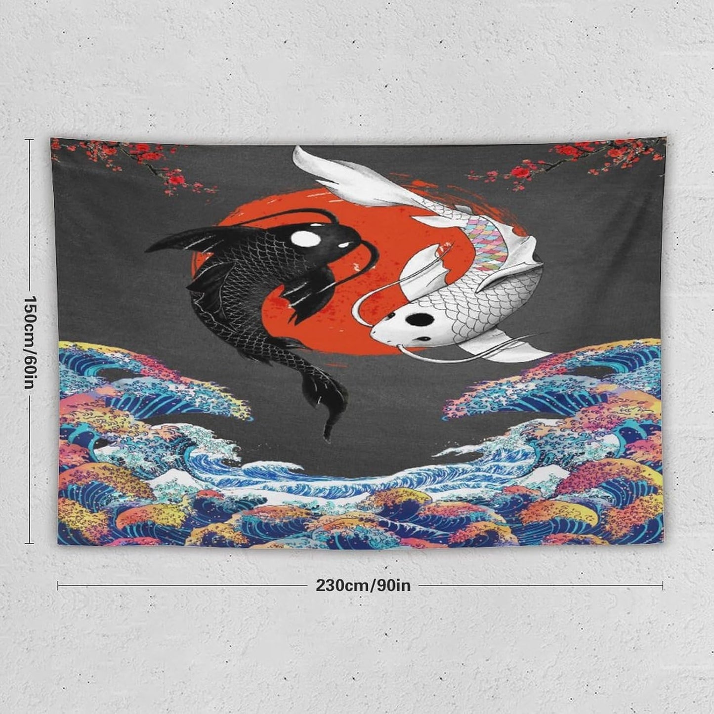 Houselerax Japanese Koi Fish Tapestries, Yin Yang Big Wave Cherry Blossom Tapestry Wall Hanging for Bedroom Living Room Office Decor 90"x60"
