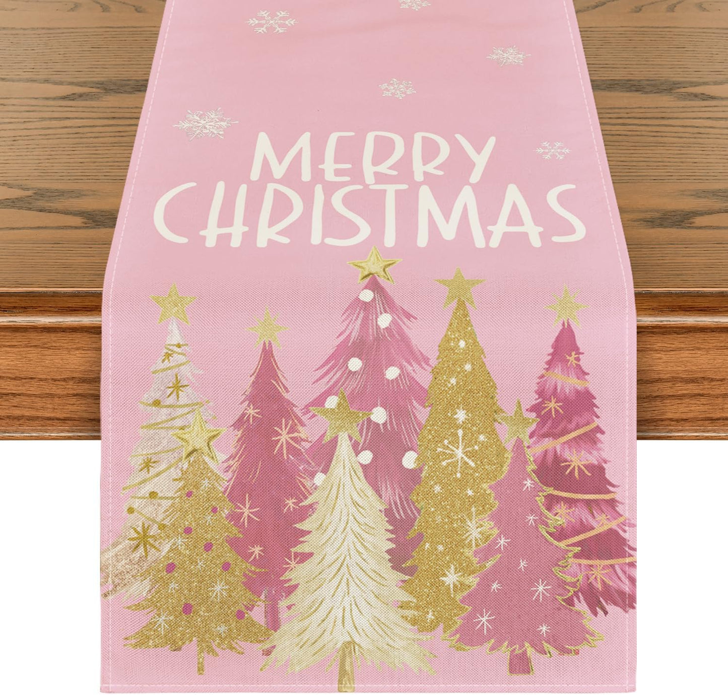 Artoid Mode Xmas Trees Snowflakes Pink Merry Christmas Table Runner, Winter Seasonal Kitchen Dining Table Decoration for Home Party Decor 13x120 Inch