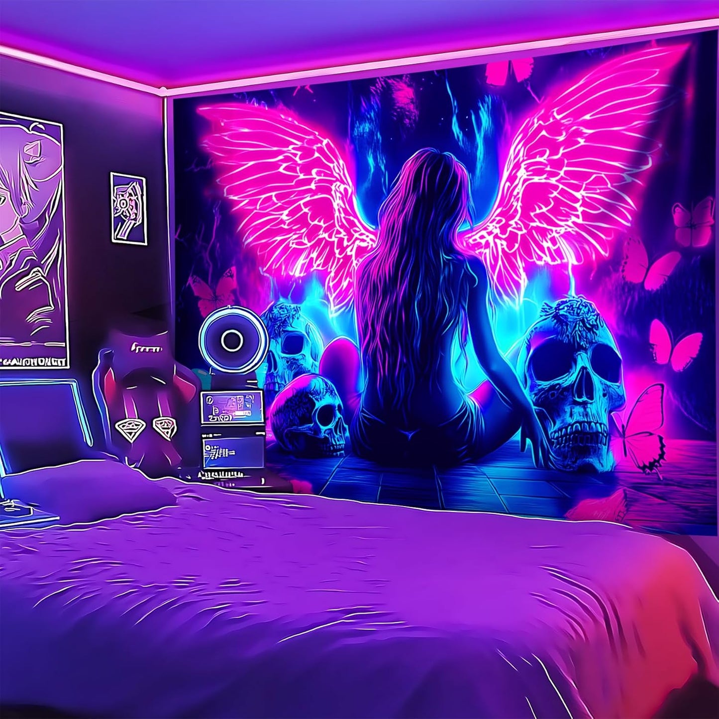Blacklight Tapestry,WingTapestry Glow In The Dark,UV Reactive Black Light Upright Posters Wall Hanging for Bedroom Dorm Living Room Backdrop Decor (wing12, 59L" x 51W")