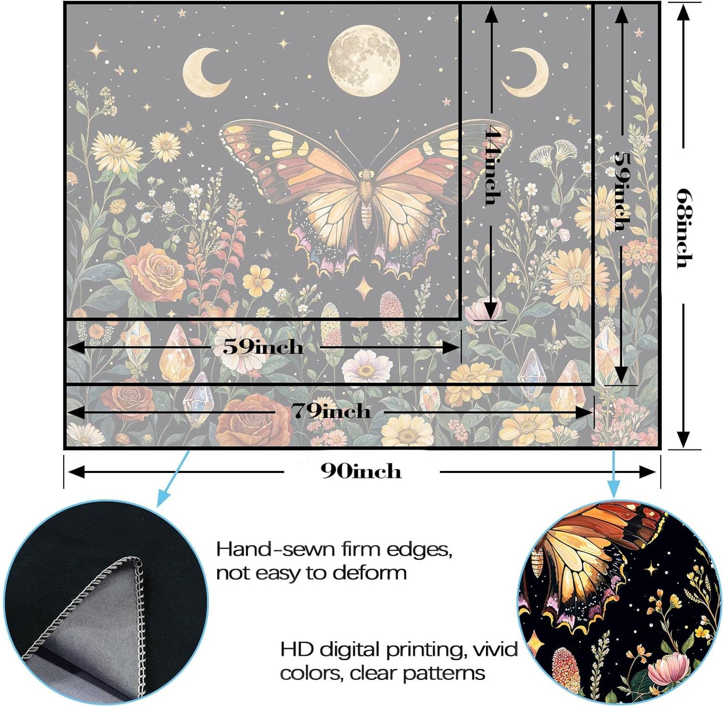 Lunerfex Boho Butterfly Tapestry Flower Moon Wall Tapestry, Moon Phases Tapestries for Bedroom Cute Tapestries Wall Hanging for Bedroom Living Room Decor Butterfly-2 60"x80"