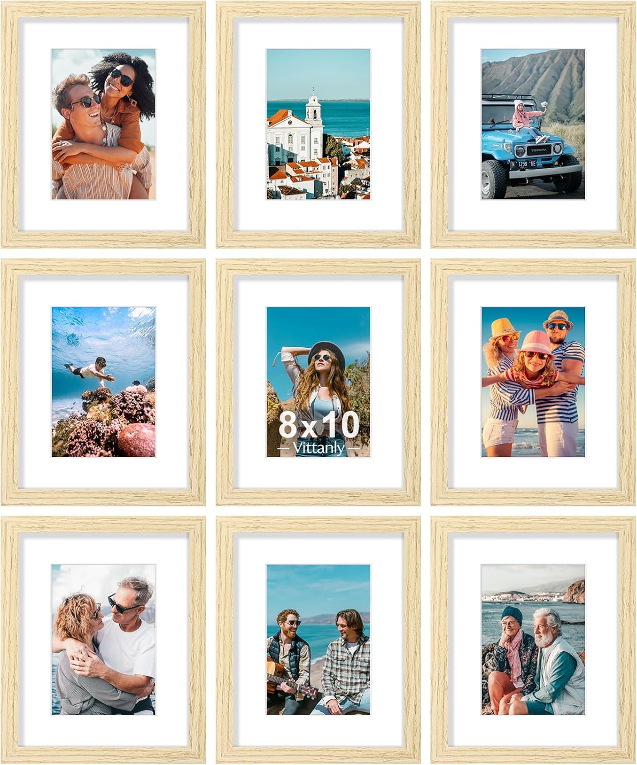 Vittanly 8x10 Picture Frames Set of 9, Shatter Resistant Plexiglass, Display 5x7 Pictures with Mat or 8x10 without Mat, Photo Frames for Wall or Tabletop, Engineered Wood, OAK