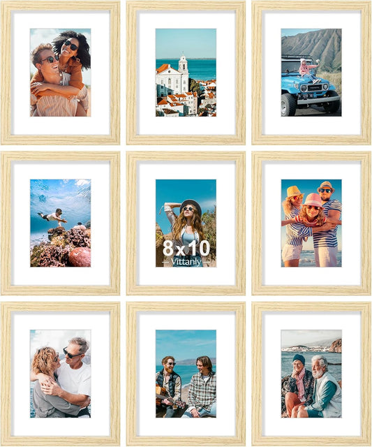 Vittanly 8x10 Picture Frames Set of 9, Shatter Resistant Plexiglass, Display 5x7 Pictures with Mat or 8x10 without Mat, Photo Frames for Wall or Tabletop, Engineered Wood, OAK