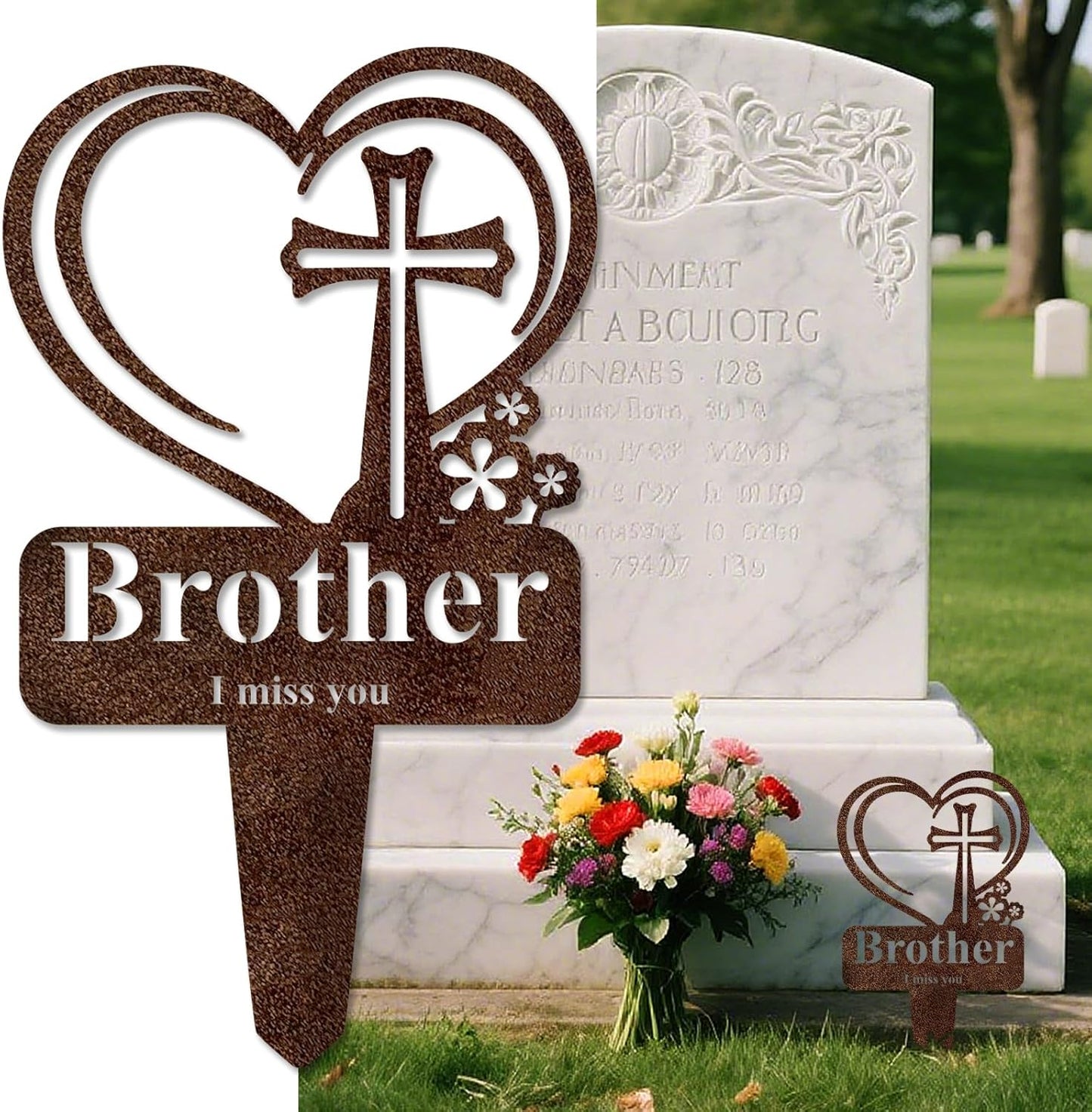 Brother Memorial Grave Stake, Cemetery Decorations for Grave Markers 12.5 x 7.2 inch Heart Metal Sympathy Stakes Graveside Plaque Decor Sign for Brother Graves, Yard, Garden - Rust-Brother