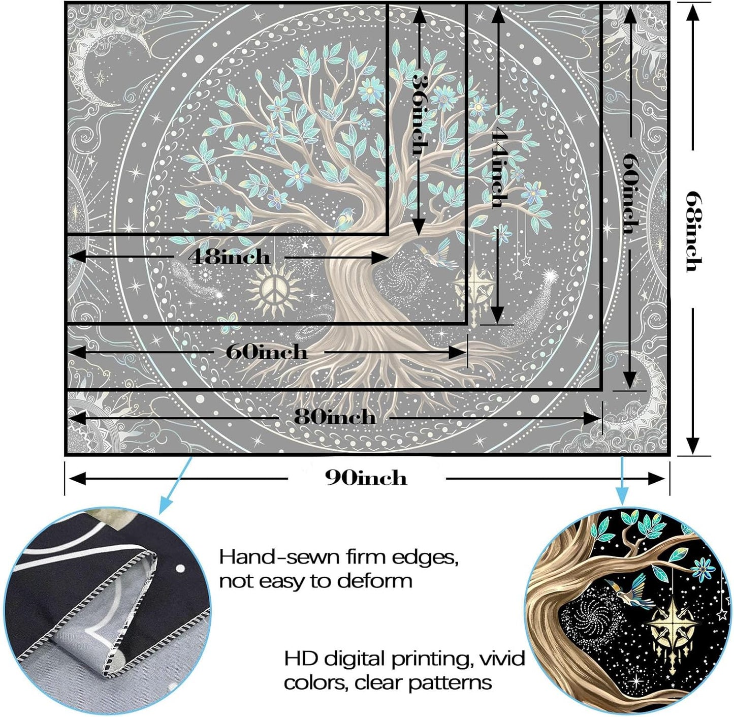 Lunerfex Tree of Life Tapastry Butterfly Moon Tapastry Flower Green Tree Tapestries Mandala Wall Hanging for Bedroom and Living Room Decor 60×80 Inches