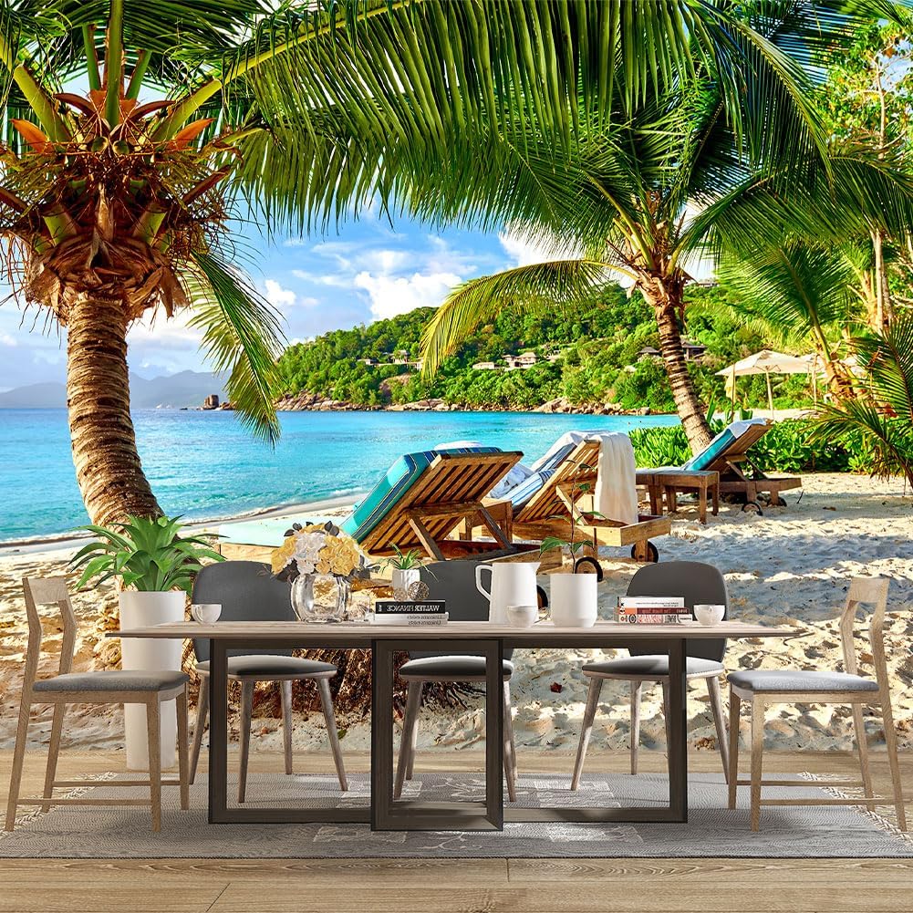 Classy Beach Backdrop Wallpaper for Bedroom Palm Tree Large Wall Mural Living Room Beach Scene Adhesive Fabric Decor - 160"x108"（Not Peel and Stick）