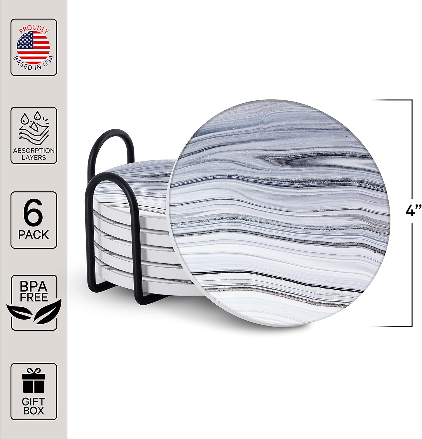 Emerson Coasters for Drinks Absorbent – Natural Stone Drink Coasters Set with Holder, Coasters for Coffee Table, Wooden Tabletop Protection Marble Style – 100% Heavy Duty Set of 6 (Sea)