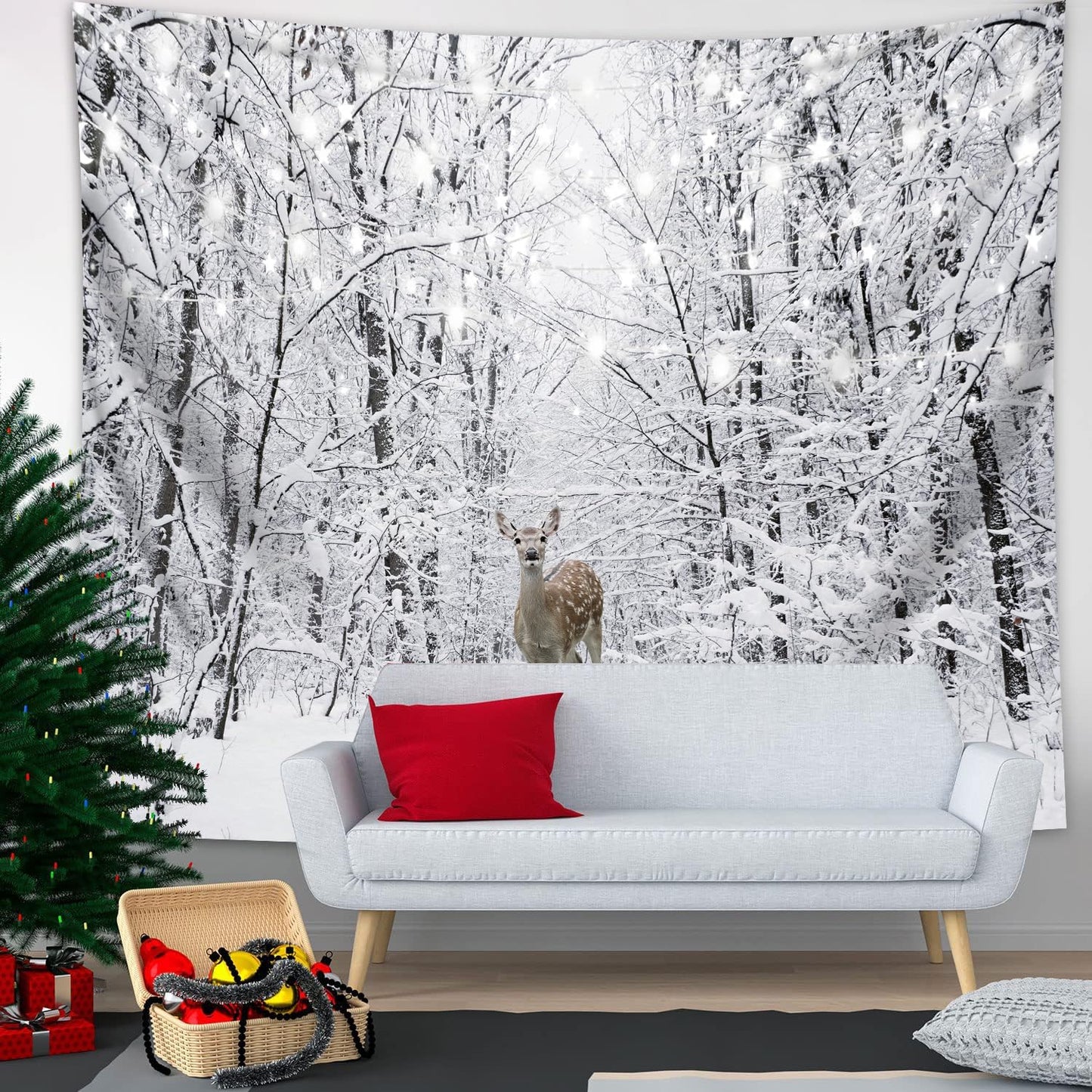QGHOT Winter Tapestry Wall Hanging Snow Scene Backdrop Winter Wonderland Wall Decor Snowy Forest Wall Art Nature Woodland Deer Tapestry for Bedroom Room Dorm Party Decoration