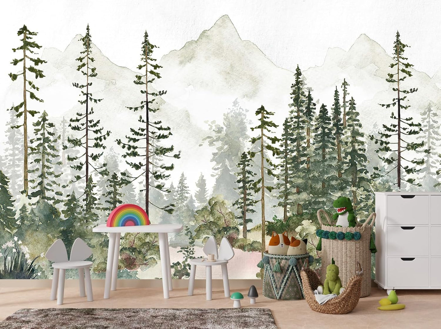 Kids Nursery Wallpaper Green Pine Forest Woodland Wall Mural for Boys Girls Bedroom Living Room(Not Peel and Stick)