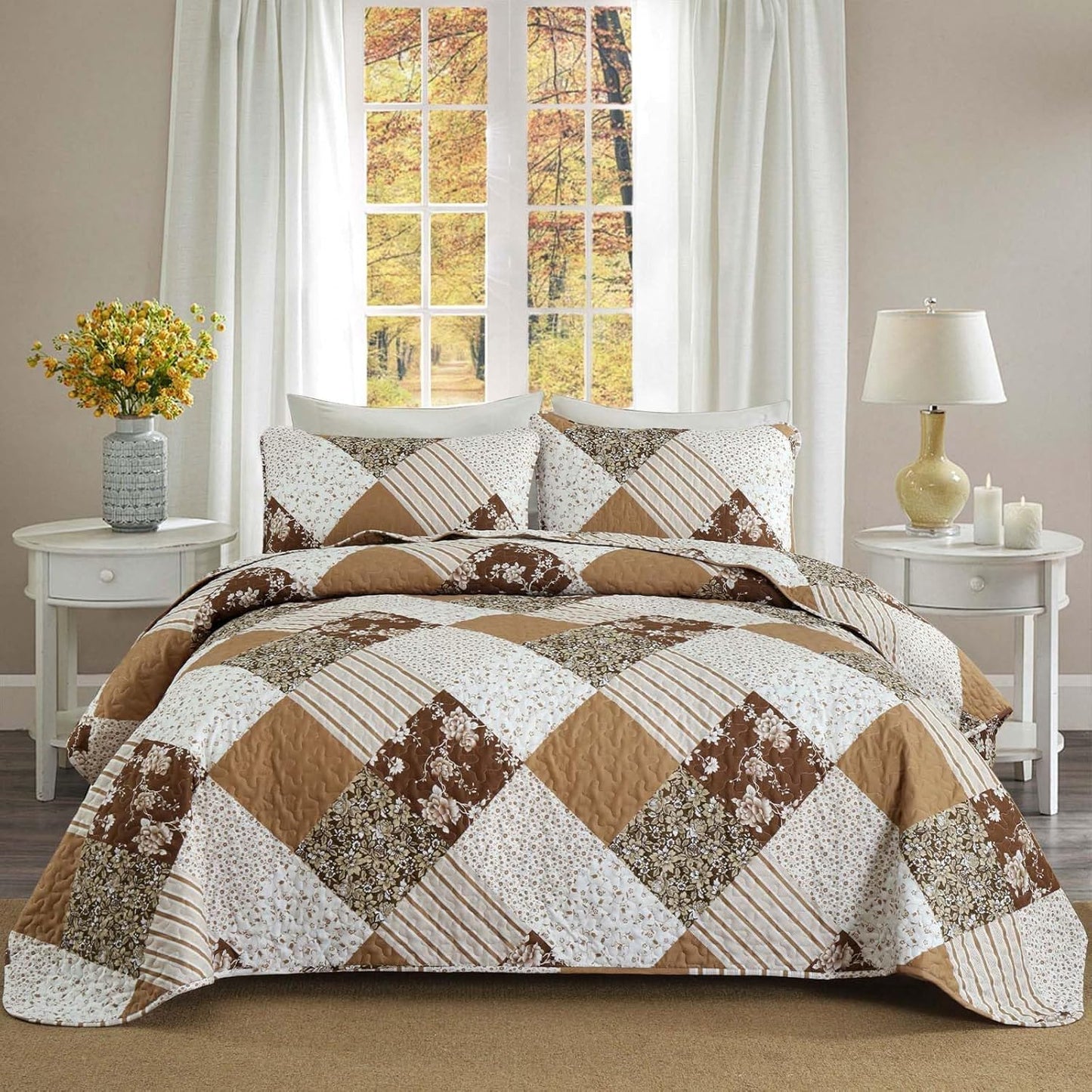 Dobuyly Fall Quilt Queen Size, Brown Floral Plaid Patchwork Bedspread Fall Bedding Set, Soft Lightweight Microfiber Coverlet Set for All Season (1 Quilt, 2 Pillow Shams)