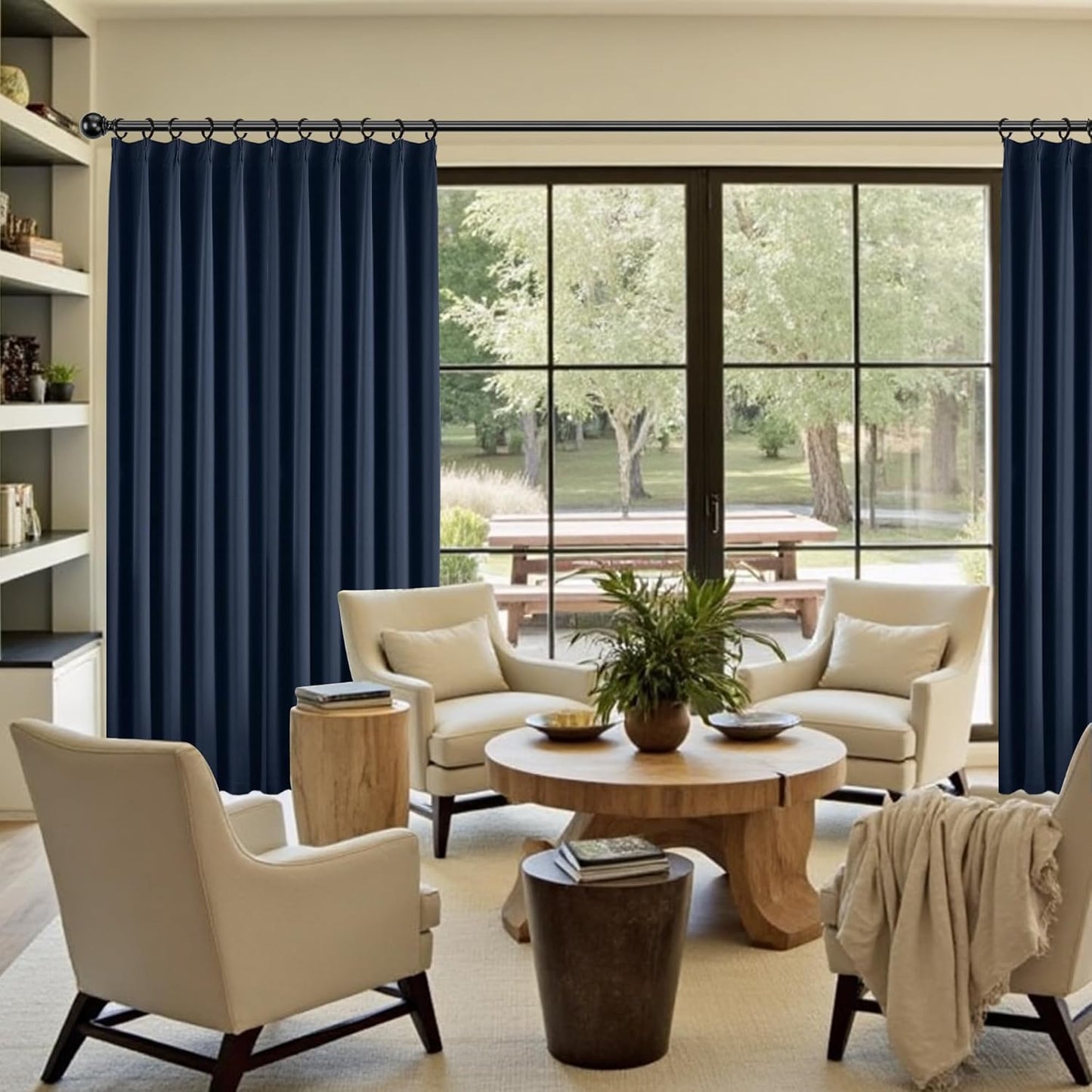 KangBang 102 Inch Blue Curtains Blackout Drapes for Living Room, Pinch Pleated Energy Saving Sound Reducing Polyester Memory Shape Window Panels with Hooks(Navy Blue,40Wx102L,2 Panels)