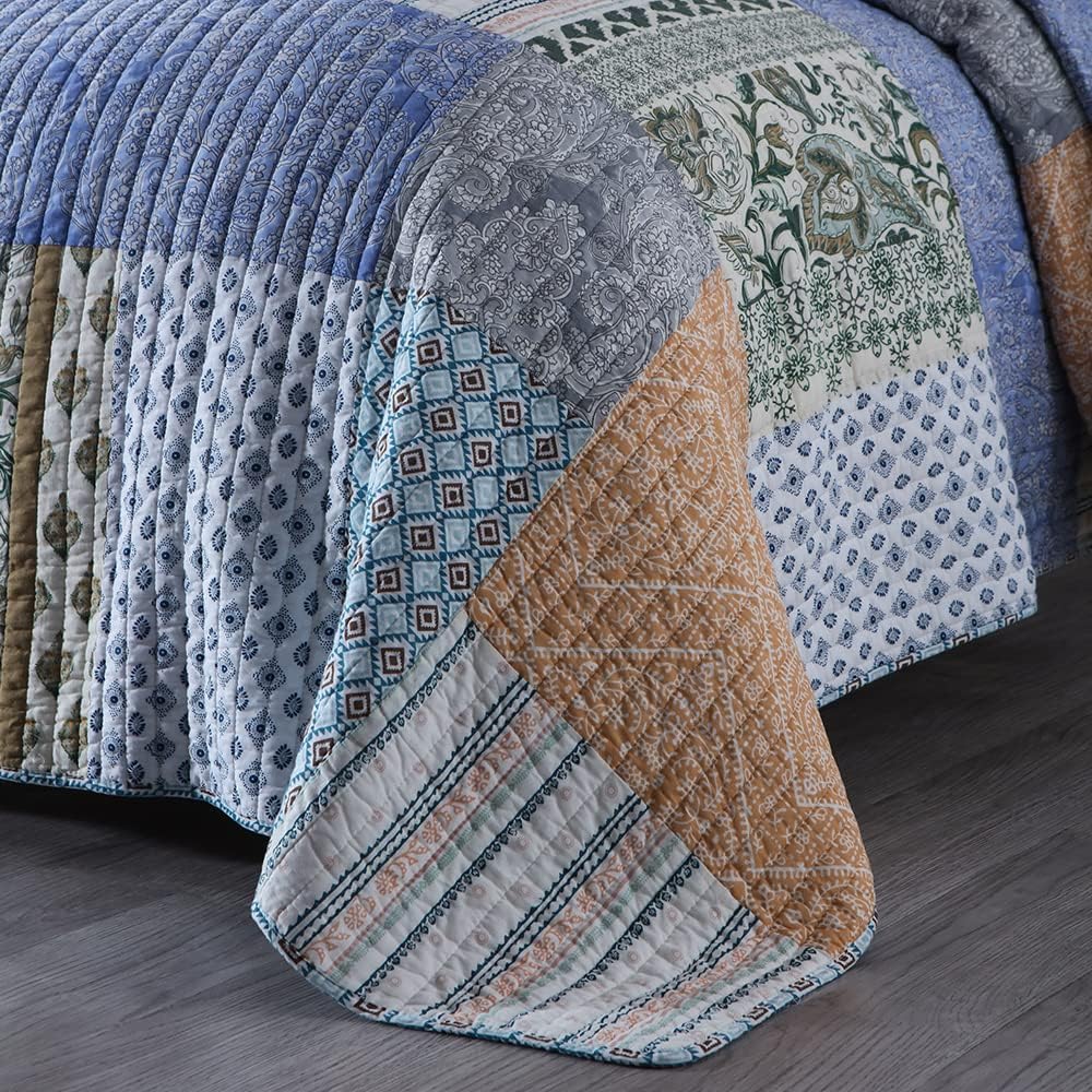 Cotton Bedspread Quilt Sets 3 Pieces Reversible Coverlet Sets Comforters Blue Bohemian Patchwork Bedspread,Blue Paisley Pattern, Queen Size