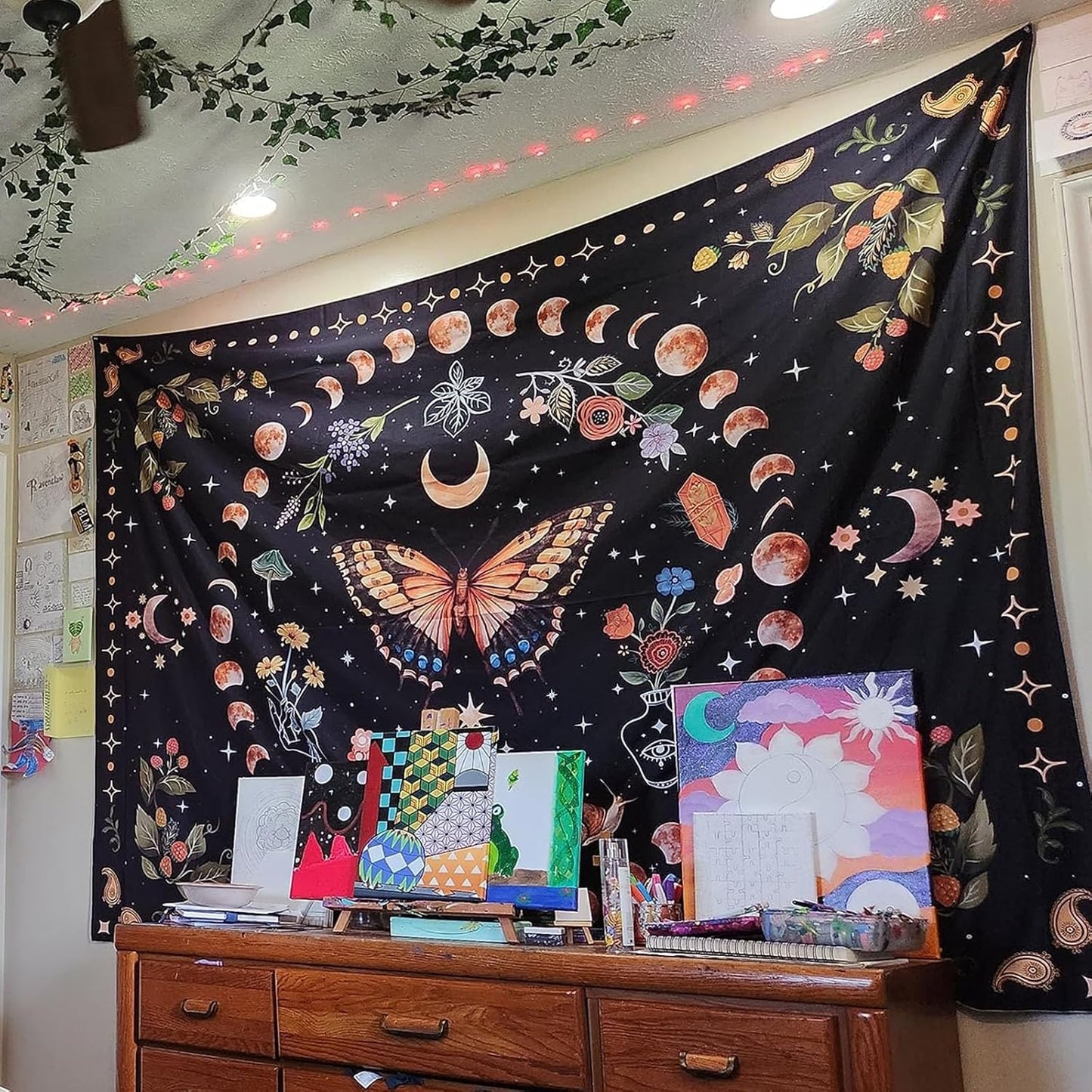 Aipon Yellow Butterfly Moon Flower Tapestry Botanical Floral Plant Boho Tapestry for Bedroom Aesthetic Vintage Tapestries Wall Hanging for Living Room Dorm (68.00'' × 90.00'', Yellow)