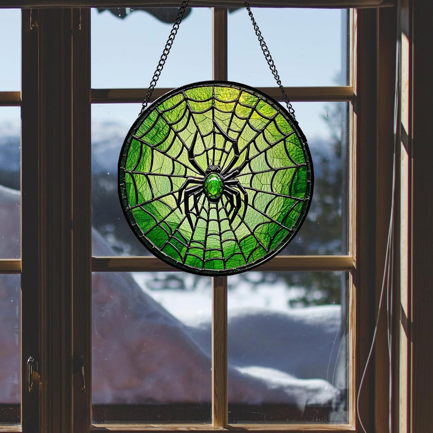 Stained Glass Window Hanging - Black Green Horror Spider Web Suncatcher for Doors Garden Patio Sun Catchers Decor Christmas Halloween Birthday Gifts for Women Men Mom Nana Friend 11.8 in