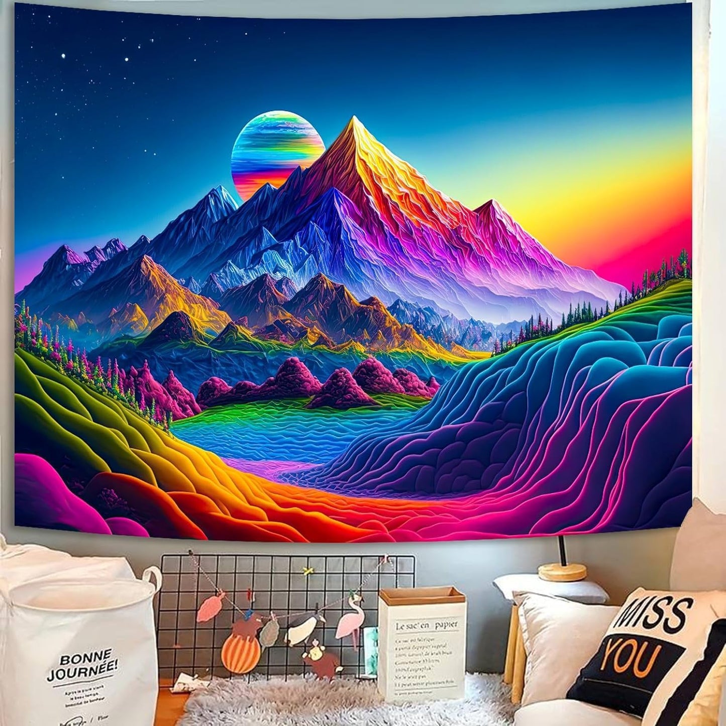 SparkLia Sunset Mountain Tapestry, Blacklight Colorful Forest Lake UV Reactive Tapestry, Neon Glow in the Dark Starry Stars Nature Landscape Wall Hanging Tapestries for Bedroom - 90" x 70"