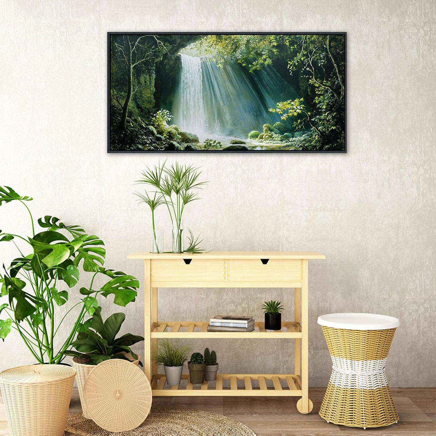 QZQCBLC Green Forest Wall Art, White Waterfall Nature Canvas Pictures Modern Valley Stone River Landscape Paintings Artwork for Living room Bedroom kitchen Home Office Decor 20x40 IN