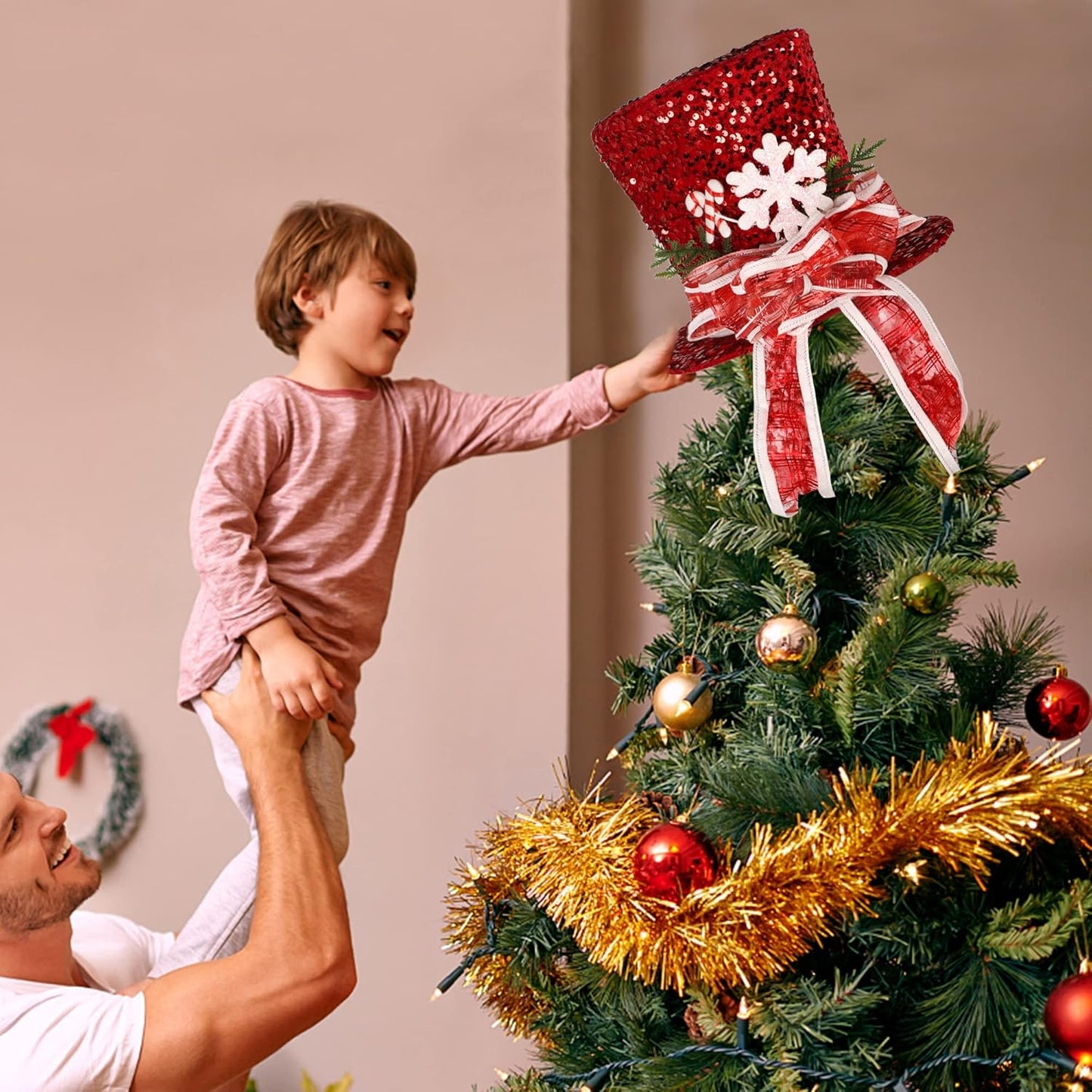 Prsildan Christmas Tree Topper Hat, Large Red Sequins Top Hat with Bow Ribbon and Snowflake, Christmas Decorations for Xmas Tree Snowman, Desktop Ornaments Holiday Home Decor