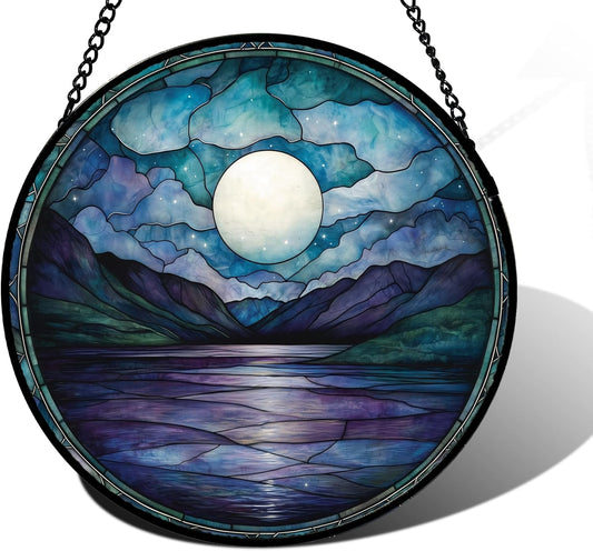 Stained Glass Window Hanging, Blue Night Moon Lake Sun Catchers Colorful Glass Panel Landscape Suncatcher Decor for Birthday for Women, Men, Wife, Aunt, and Mom 9.8 in