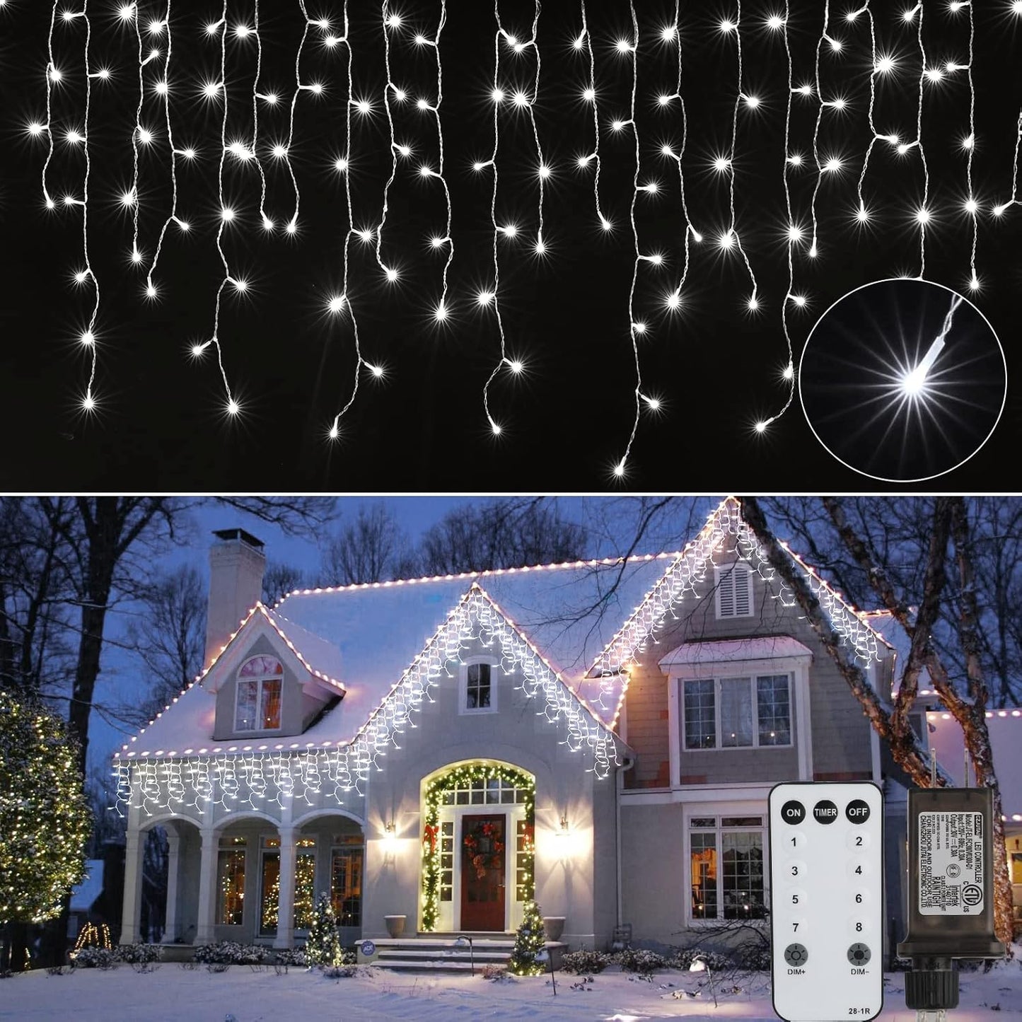 Brightown Christmas Icicle Lights Outdoor, 66 Feet 138 Drops with 736 LED, 8 Modes Waterproof Connectable Twinkle Fairy String Light for Christmas Thanksgiving Hanging Icicles (Pure White)