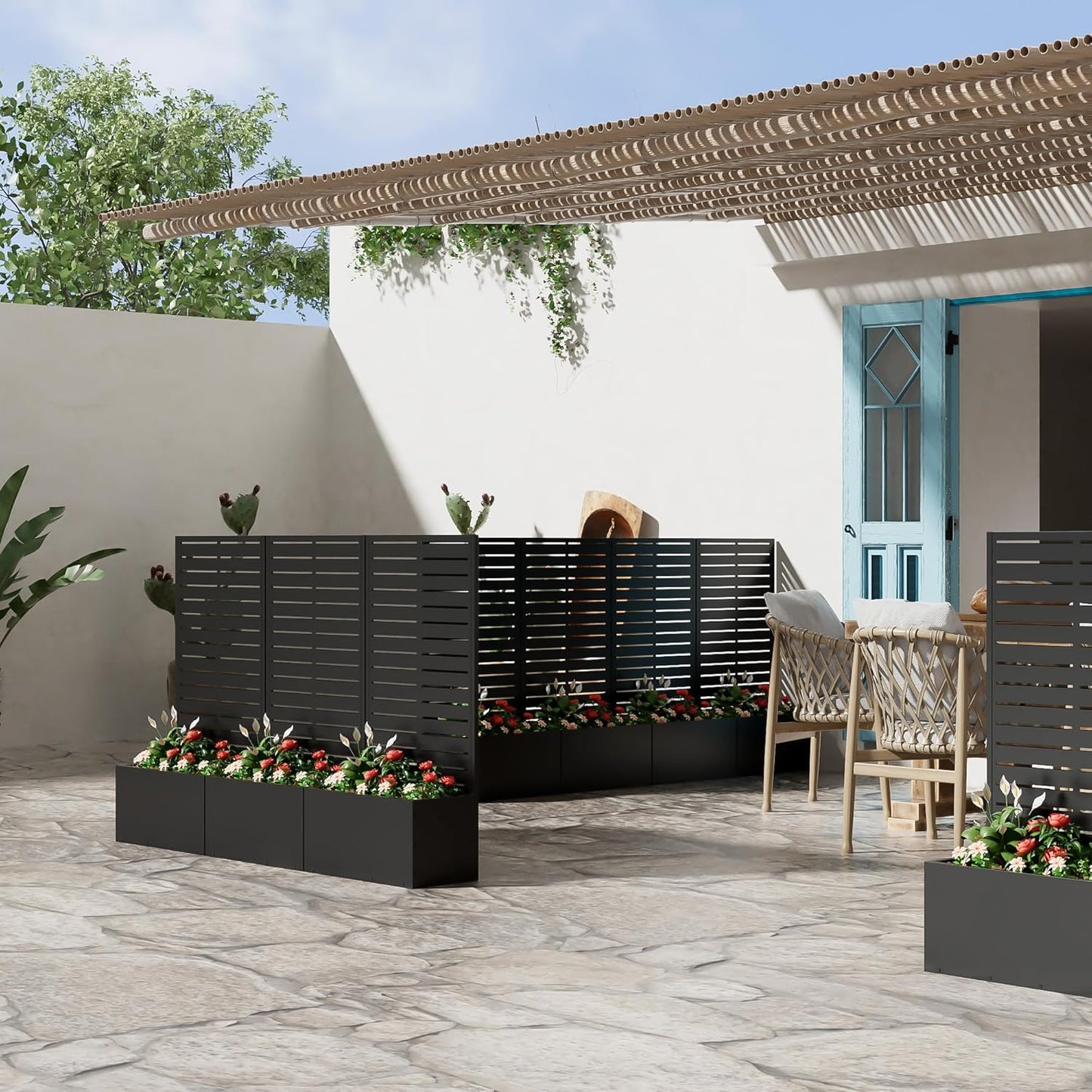 Casaphoria Metal Raised Garden Bed, 47"x24"x12" Planter Box for Climbing Plants, Vegetables & Vines, Features Drainage Holes and Privacy Screen (Black-Louvered)