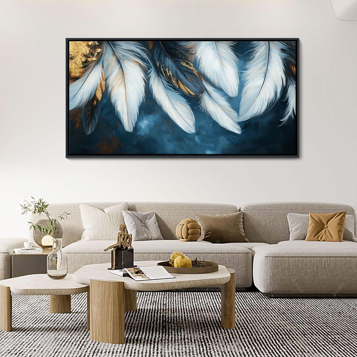 Mofutinpo Blue and Gold Wall Art Framed Navy Blue Decor for Living Room Feather Canvas Art Wall Decor, Blue Bedroom Wall Decor Above Bed Pictures, Painting - Artwork for Walls 29×58IN