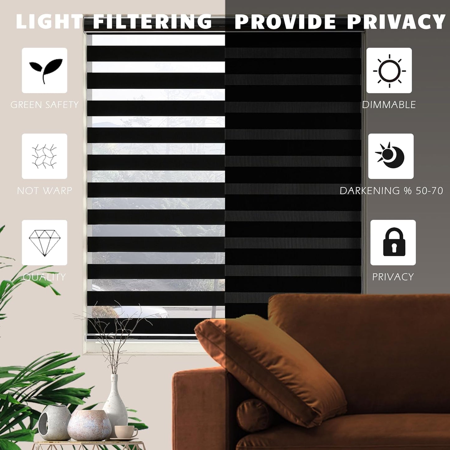 Blackout Zebra Blinds, Dual Layer Free-Stop, Room Darkening Zebra Shades, Blinds for Indoor Windows, Light Filtering Privacy Sheer Shade for Home(50" W X 72" H, Black)