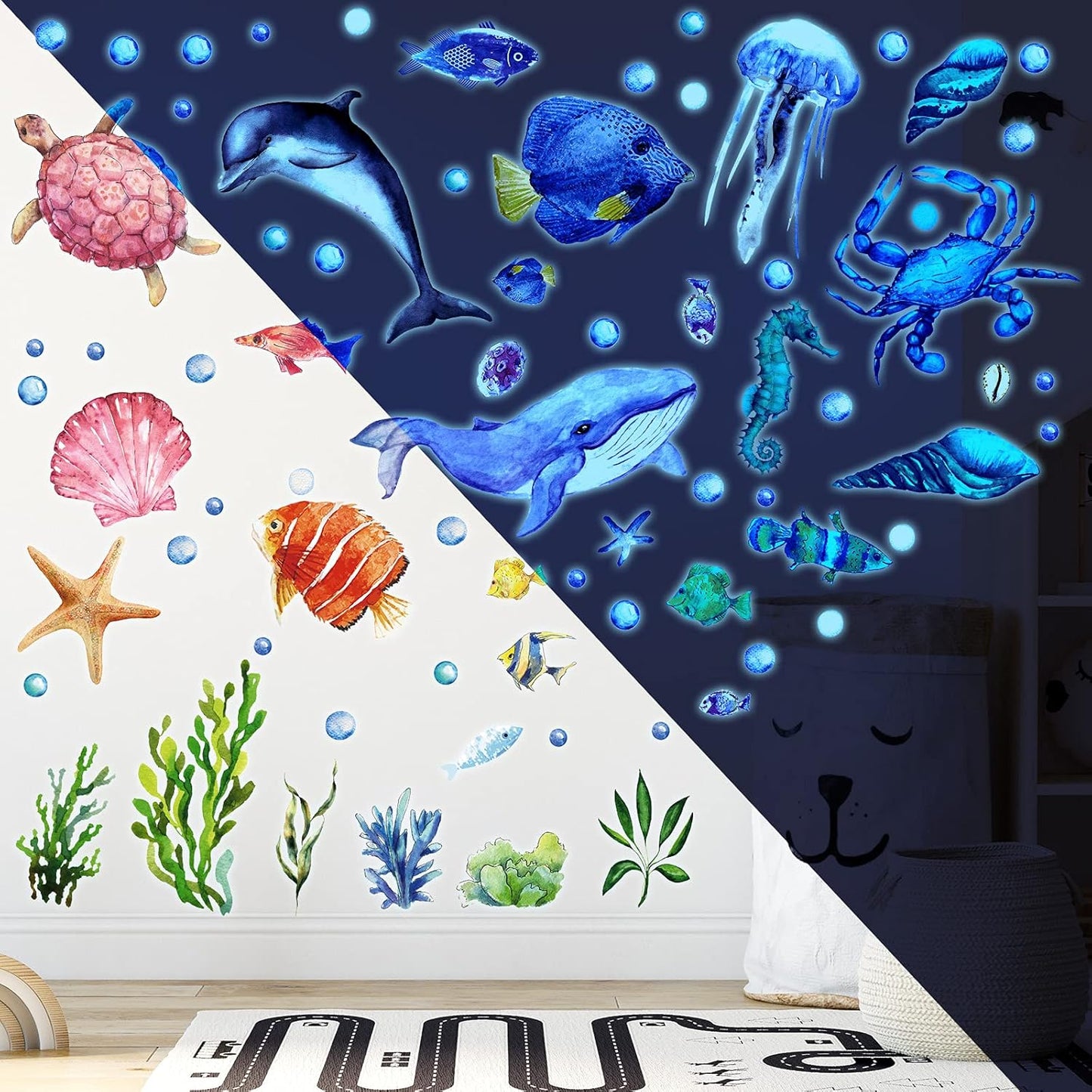 52 Pcs Ocean Fish Wall Decals Glow in The Dark Under The Sea Wall Decals Sea Animals Stickers Removable Waterproof Peel and Stick for Kids Bathroom Watercolor Ocean Decor(Cute Style)