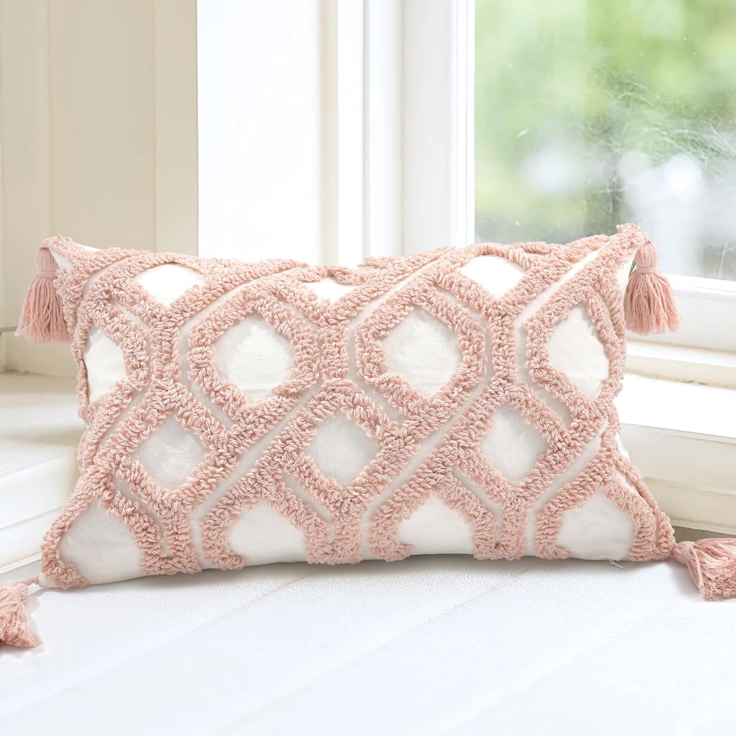 Boho Pillow Covers 12X20 Inch Boho Tufted Throw Pillow Covers Decorative Tassels Cushion Cover Farmhouse Pillow Case for Couch Sofa Bed Living Room Bedroom, Blush