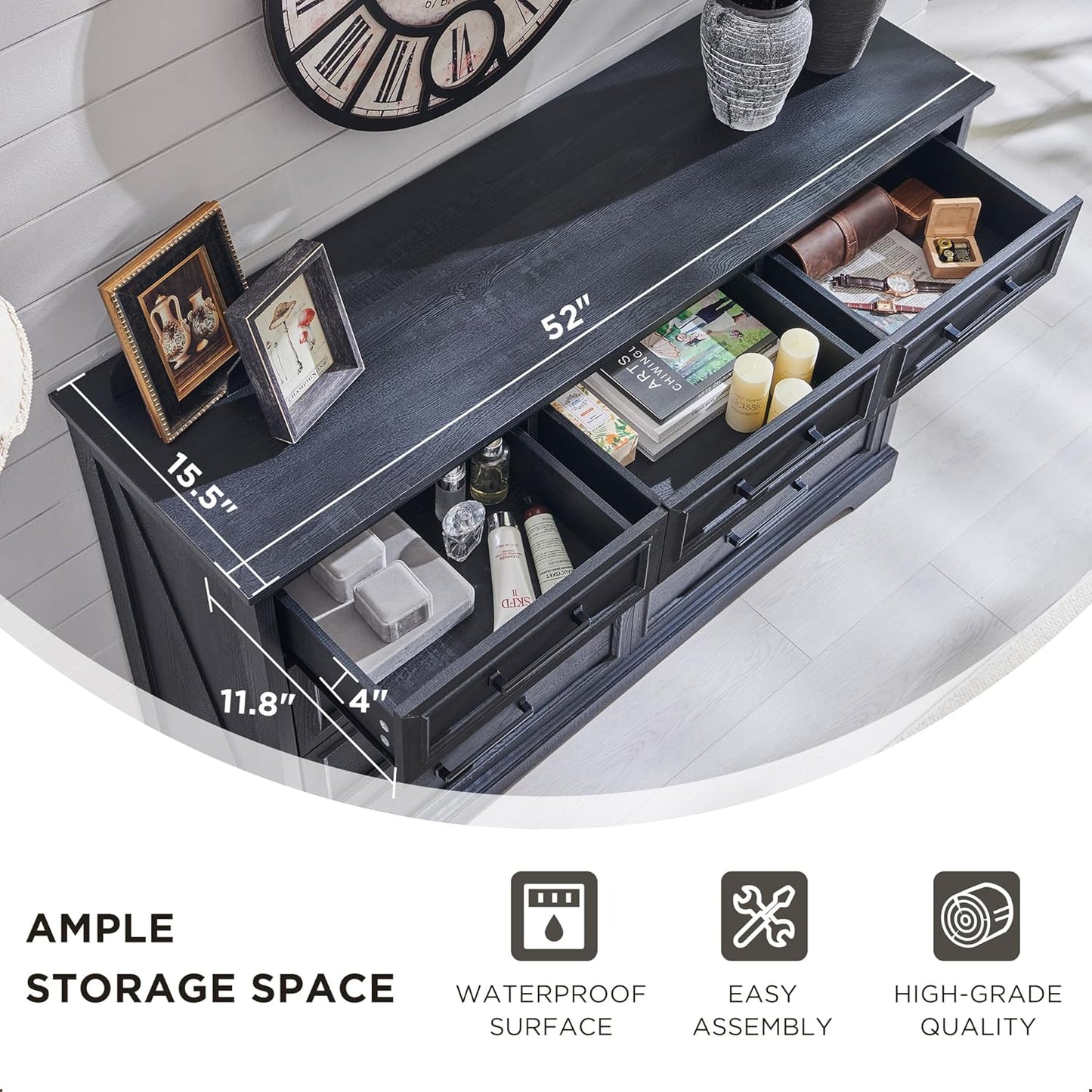 Farmhouse 9 Drawer Dresser for Bedroom, 36 Inch Tall Modern Dresser TV Stand with Large Drawers & Bar Handles, Rustic Wood Chest of Drawers for Bedroom, Living Room, Hallway, Black