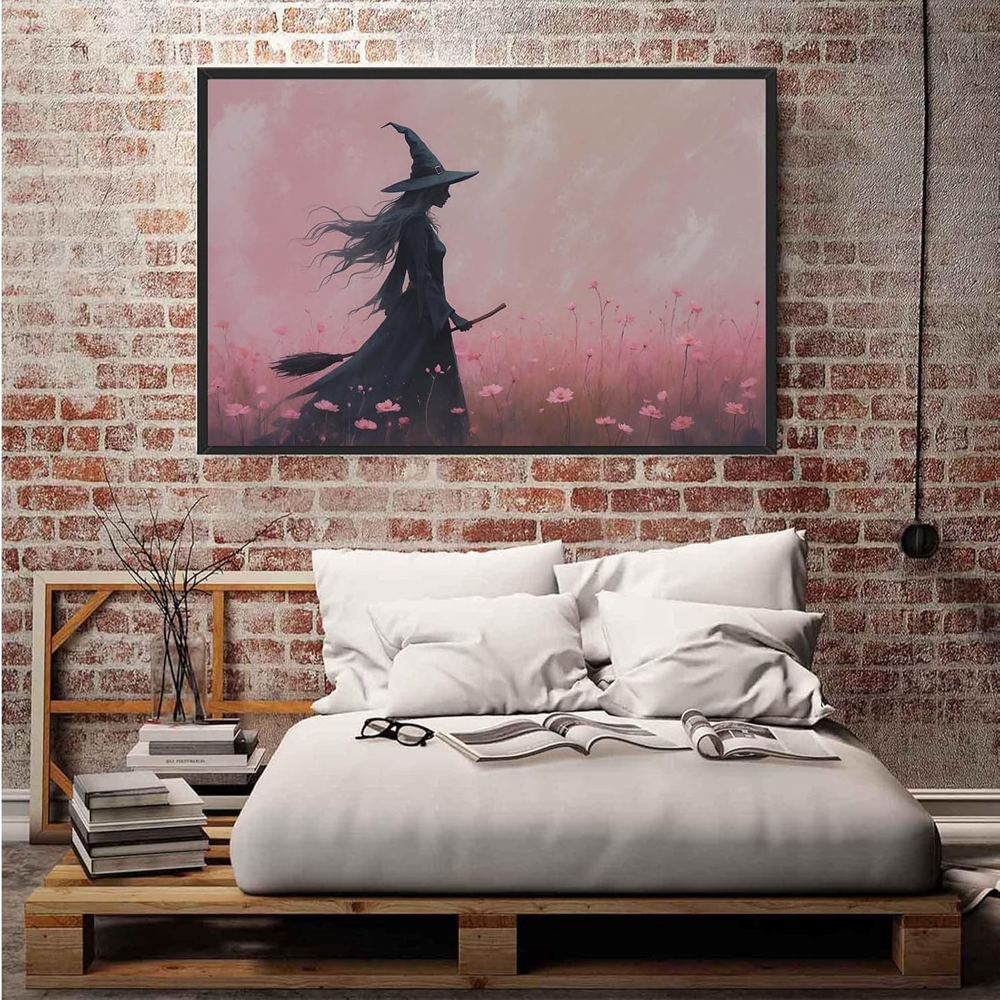 JFHCQJPK Witch in the pink sea of flowers Halloween prints weird flowers wall art silhouette painting fashionable romantic decoration suitable for bedroom16x24in Metal blackFramed