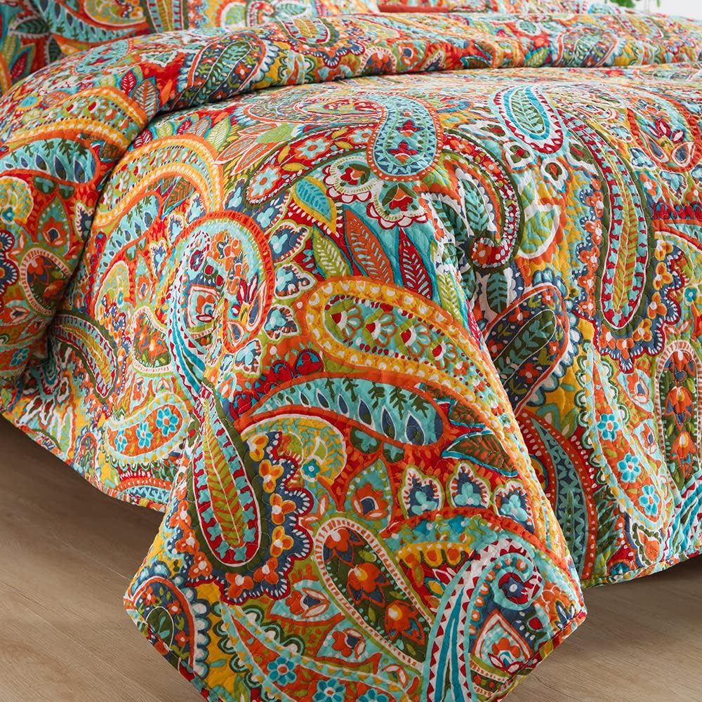 Autumn Dream Cotton Bedspread Quilt Sets, 3 Pieces Reversible Comforter Coverlet Sets, Yellow Gorgeous Paisley,Queen Size