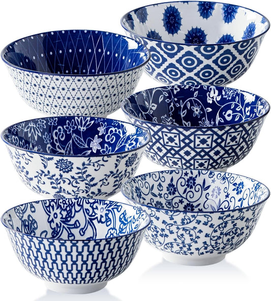Ceramic Soup Bowls Set - 24 Oz Deep Cereal Bowl for Kitchen - 6 Inch Large Porcelain Dinner Bowl Eating Salad Pasta Dessert Oatmeal - Microwave Dishwasher Safe - Set of 6 - Vintage Blue