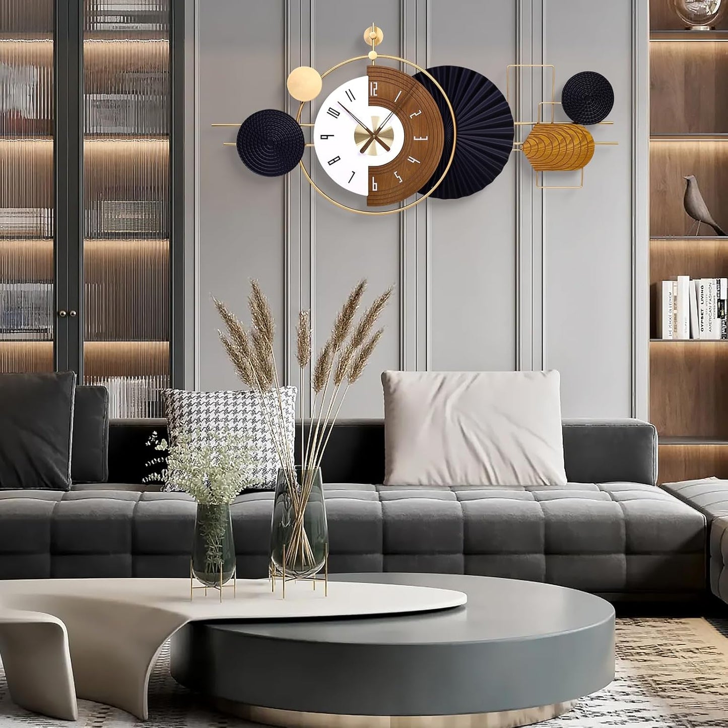 38.9X18inch Extra Large Wall Clock Battery Operated Decorative Modern Clocks for Living Room,Luxury Geometric Wall Clock Artistic Iron Wood Clocks for Suitable for Bed Room, Kitchen, Office