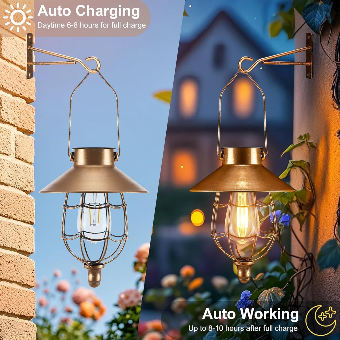 pearlstar 2 Pack Solar Lantern Outdoor Hanging Light Waterproof Metal Solar Lamp for Yard Garden Pathway Patio Porch Decor(Copper)