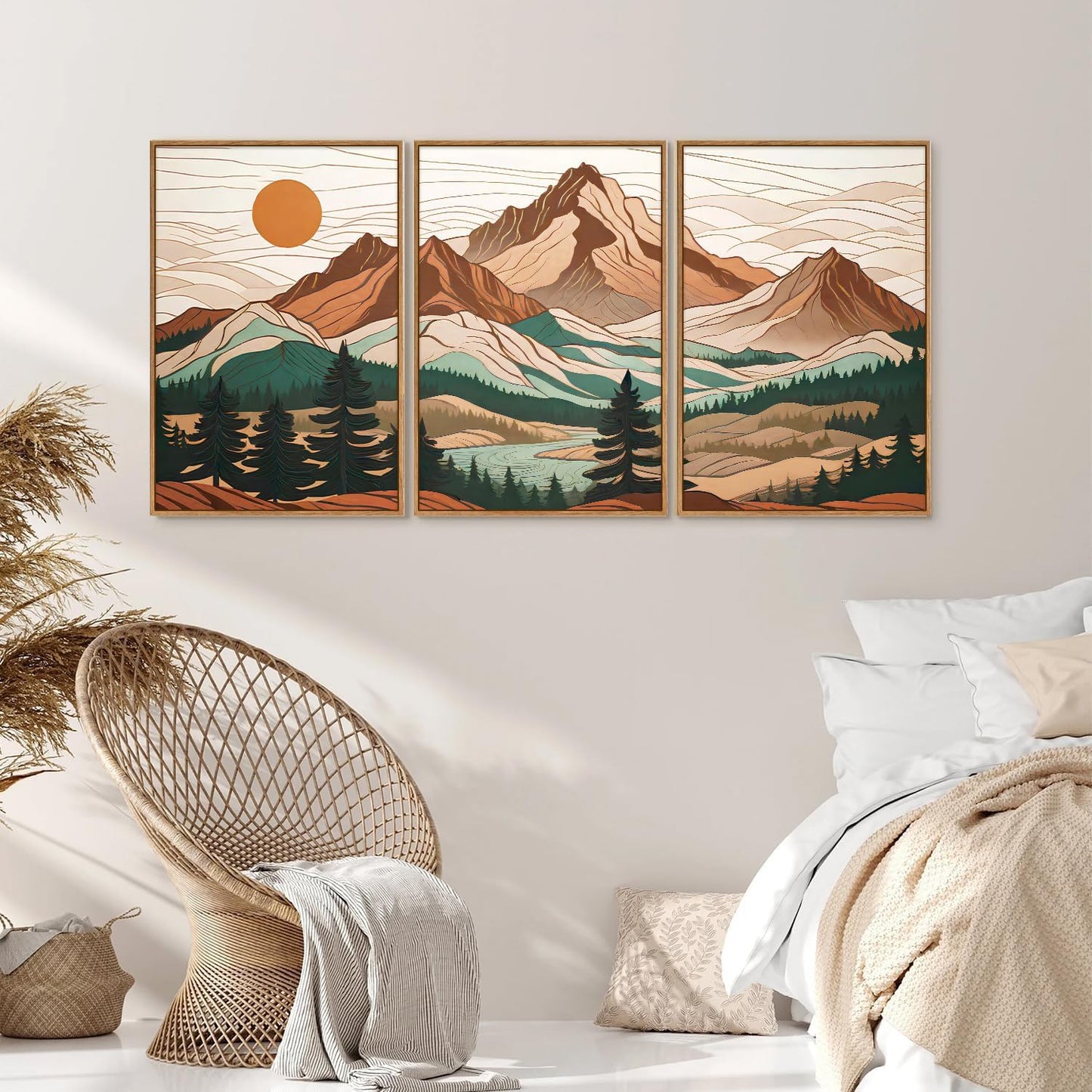 Tinonedraw Mountain Framed Canvas Wall Art Set of 3, Sunrise Forest Woodland Landscape Art Prints, Boho Coloful Ridge Scenery Wall Decor, Wood Pine Wilderness Art Paintings for Living Room Bedroom, Office 16"x24"