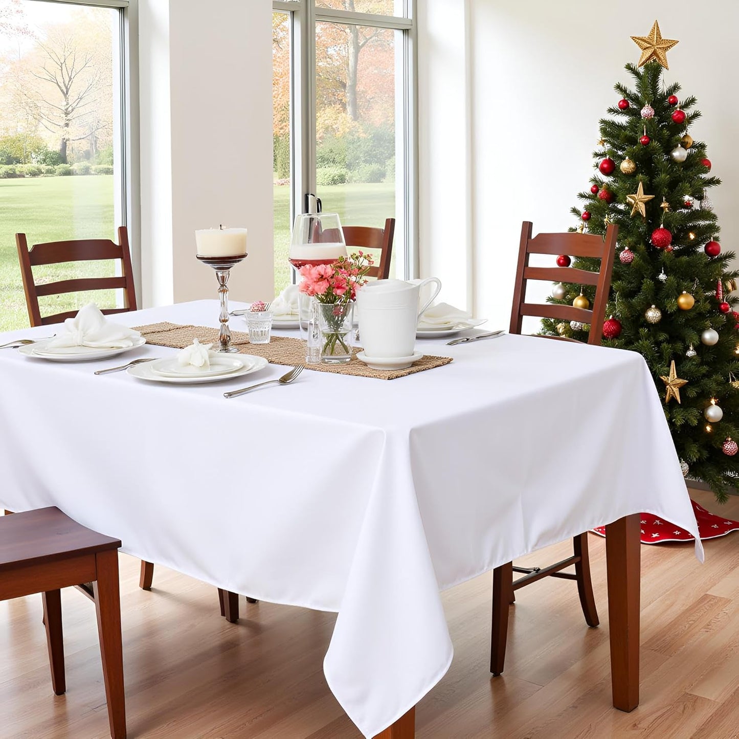 sancua Rectangle Tablecloth - 70 x 90 Inch - Stain and Wrinkle Resistant Washable Polyester Table Cloth, Decorative Fabric Table Cover for Dining Tables, Buffet Parties and Camping, White