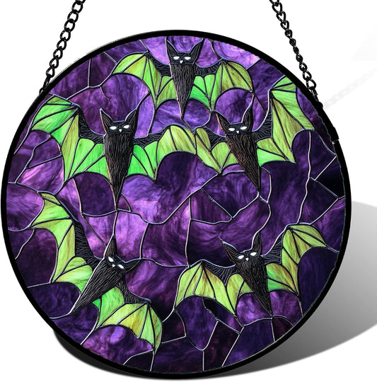 Stained Glass Window Hanging - Halloween Decorations Black Bat with Green Wings Suncatcher for Doors Garden Indoor Spooky Sun Catchers Gothic Decor Horror Gifts for Women Men Friend 9.8 in