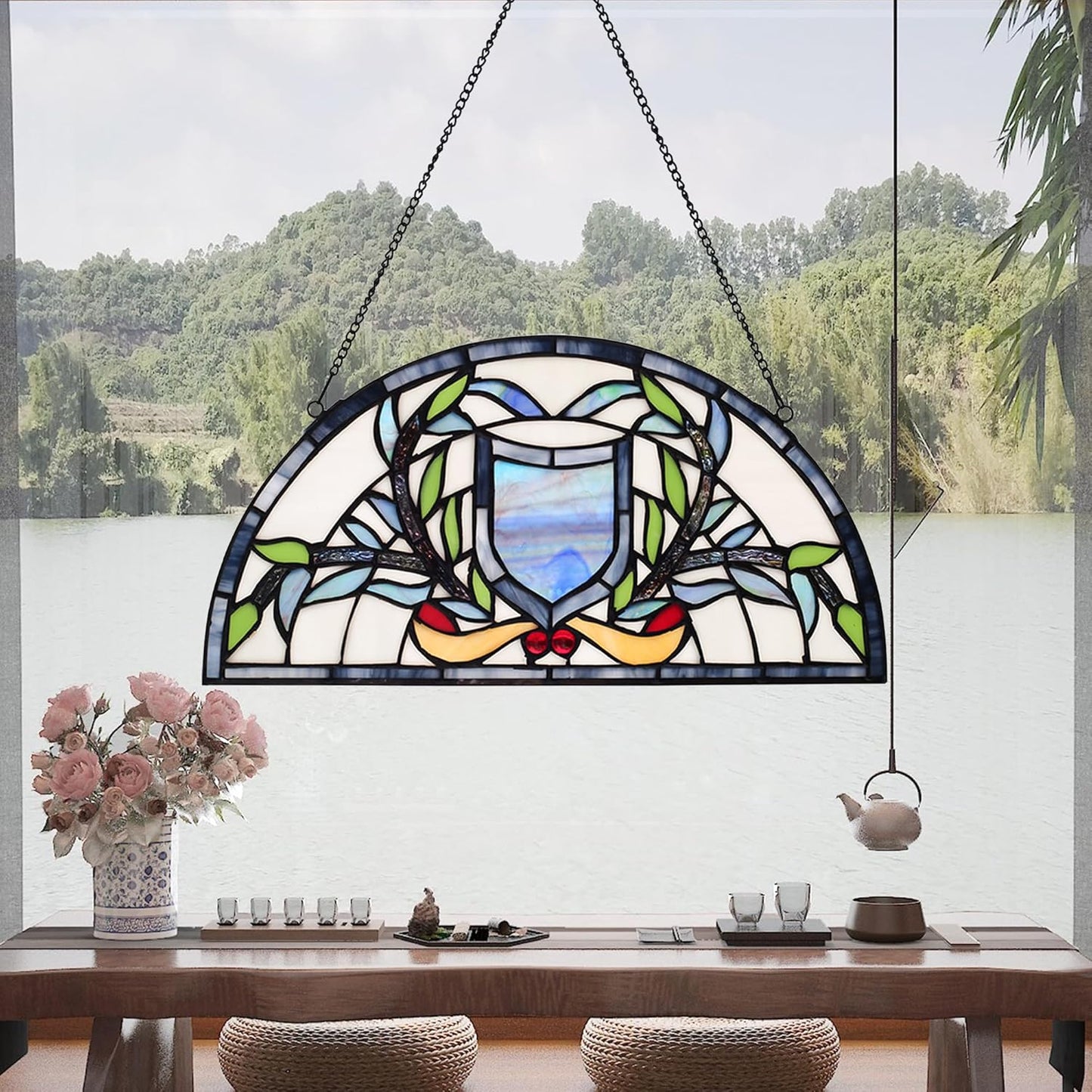YOURANJU Half Moon Stained Glass Window Hanging Tiffany Style 16" x 8" Half-Round Window Panel Housewarming Gift Living Room Bedroom Kitchen Window Decorative Hangings with Chain (Rattan)
