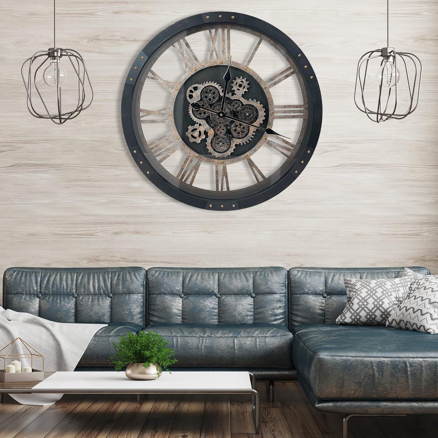 DORBOKER 24" Large Wall Clock with Moving Gears,Oversize Vintage Industrial Rustic Farmhouse Clocks for Living Room Decor Office Home,Solid Wood HD Tempered Glass Cover,Vintage Black